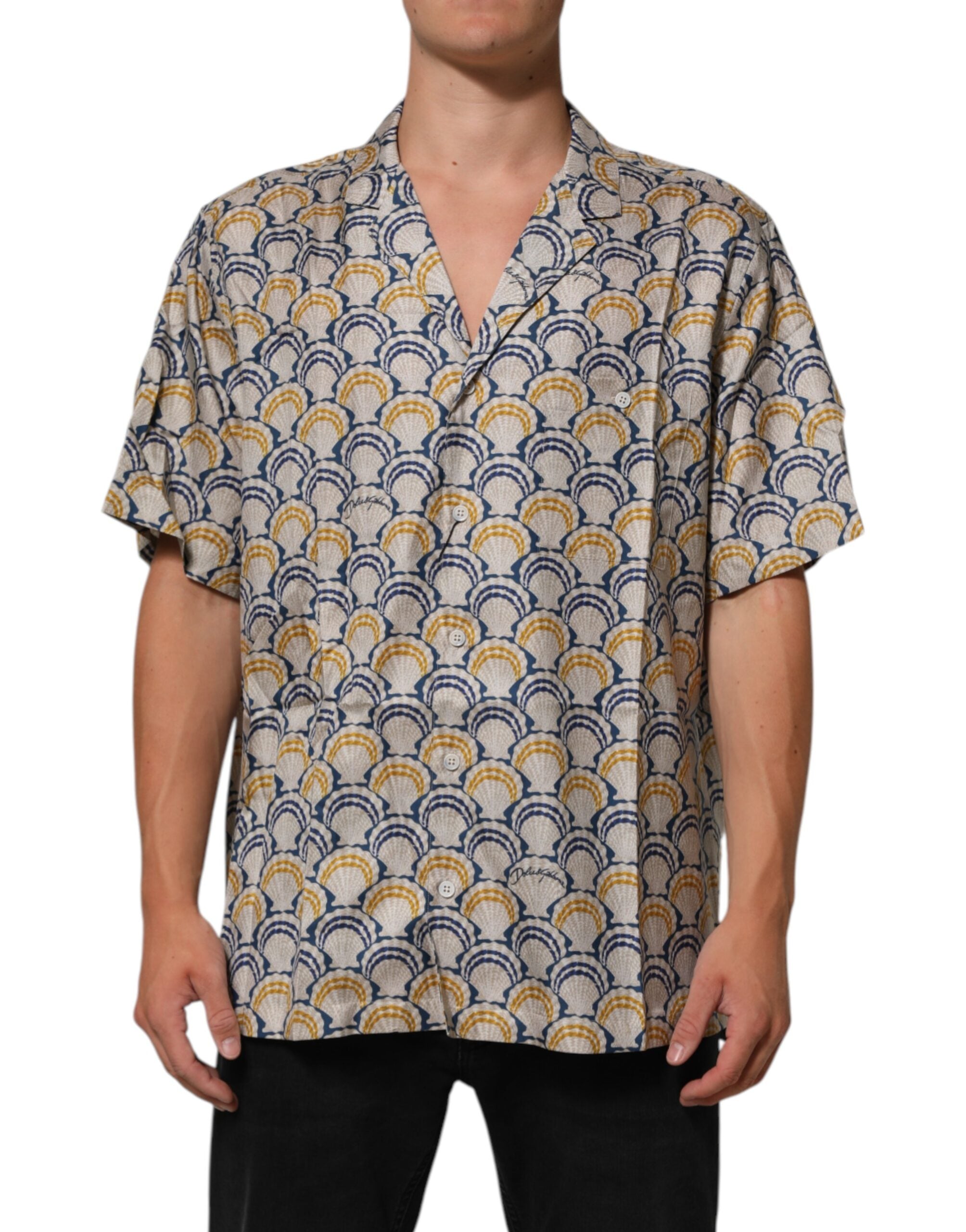 Chemise Dolce & Gabbana en coton et soie crème avec motif coquillage Hawaii à vagues, détails élégants et design sophistiqué