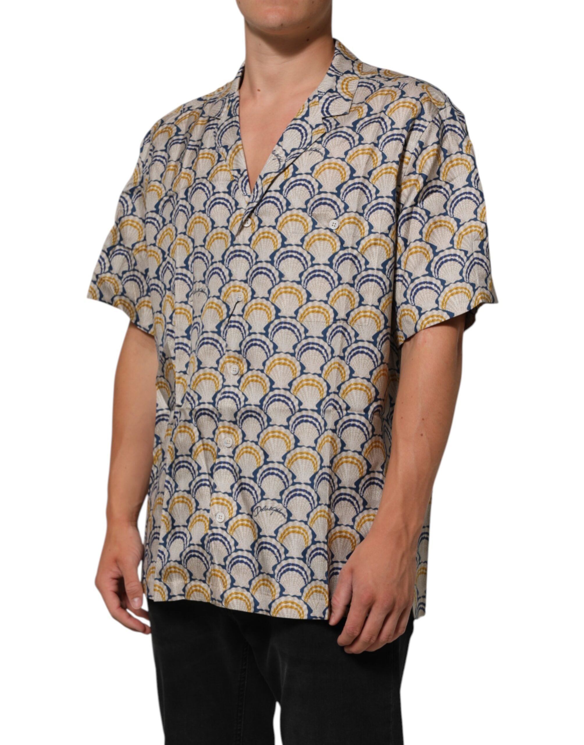 Chemise Dolce & Gabbana en coton et soie écru avec motif coquillage Hawaii à bords festonnés, élégante et légère.