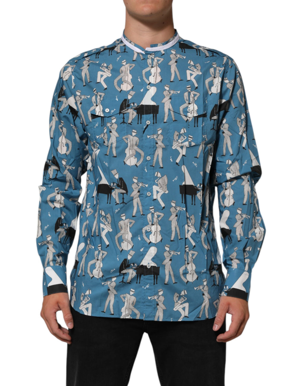 Chemise en coton à imprimé bleu Jazz de Dolce & Gabbana, avec boutons sur le devant et design élégant.