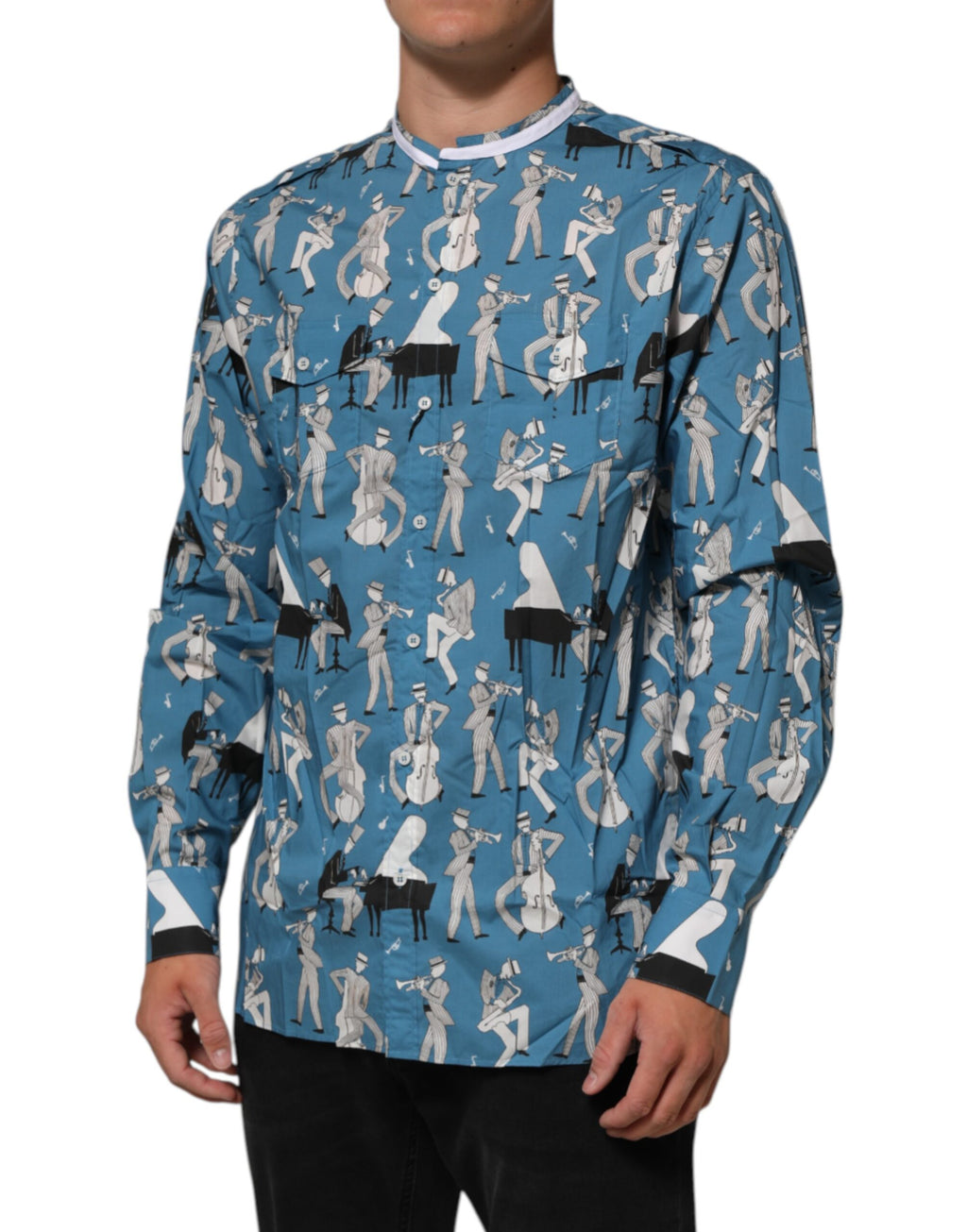 Chemise en coton à imprimé bleu Jazz de Dolce & Gabbana avec boutons frontaux, style élégant et décontracté.