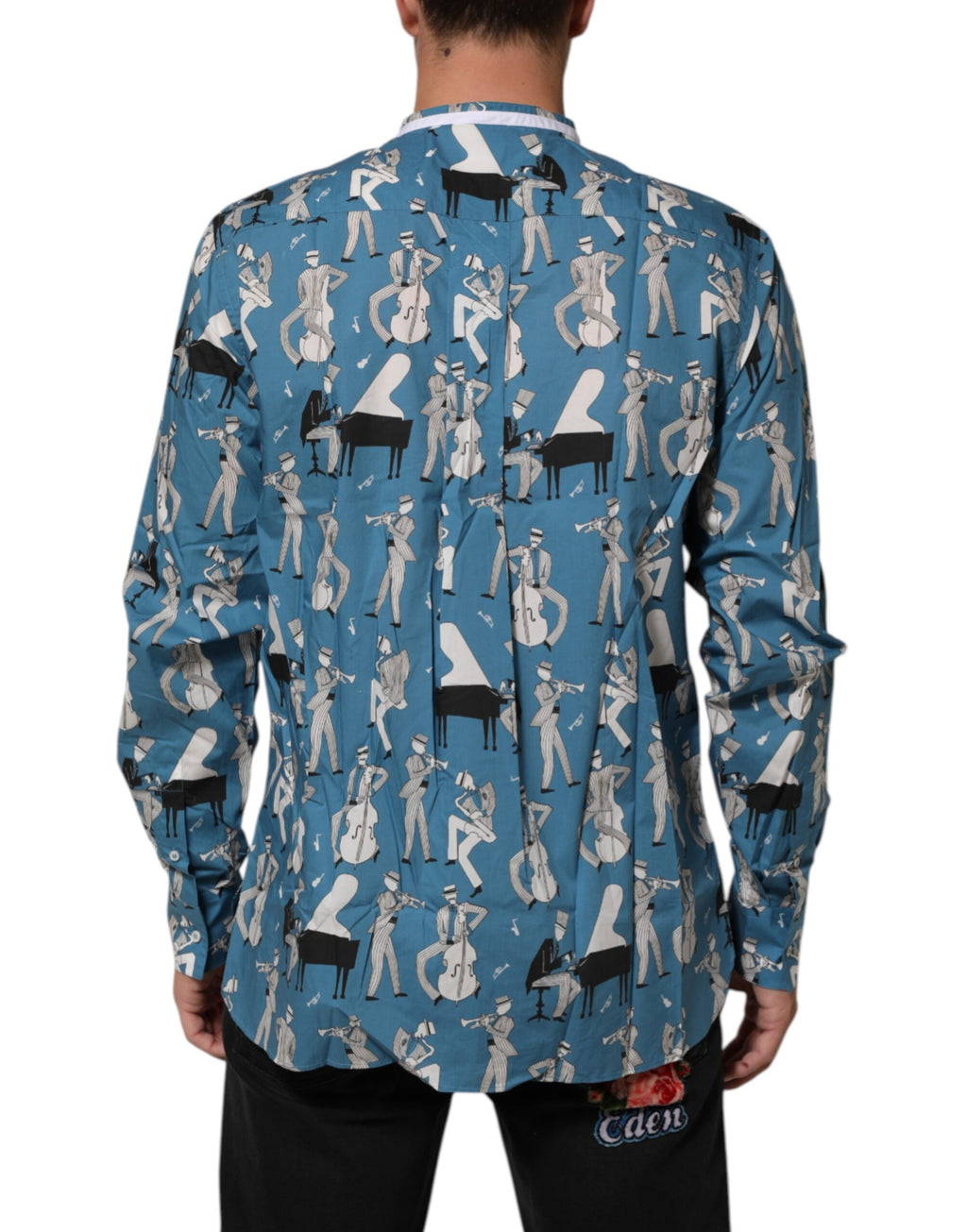Chemise en coton imprimé bleu Jazz Dolce & Gabbana avec boutonnière, style élégant et moderne.