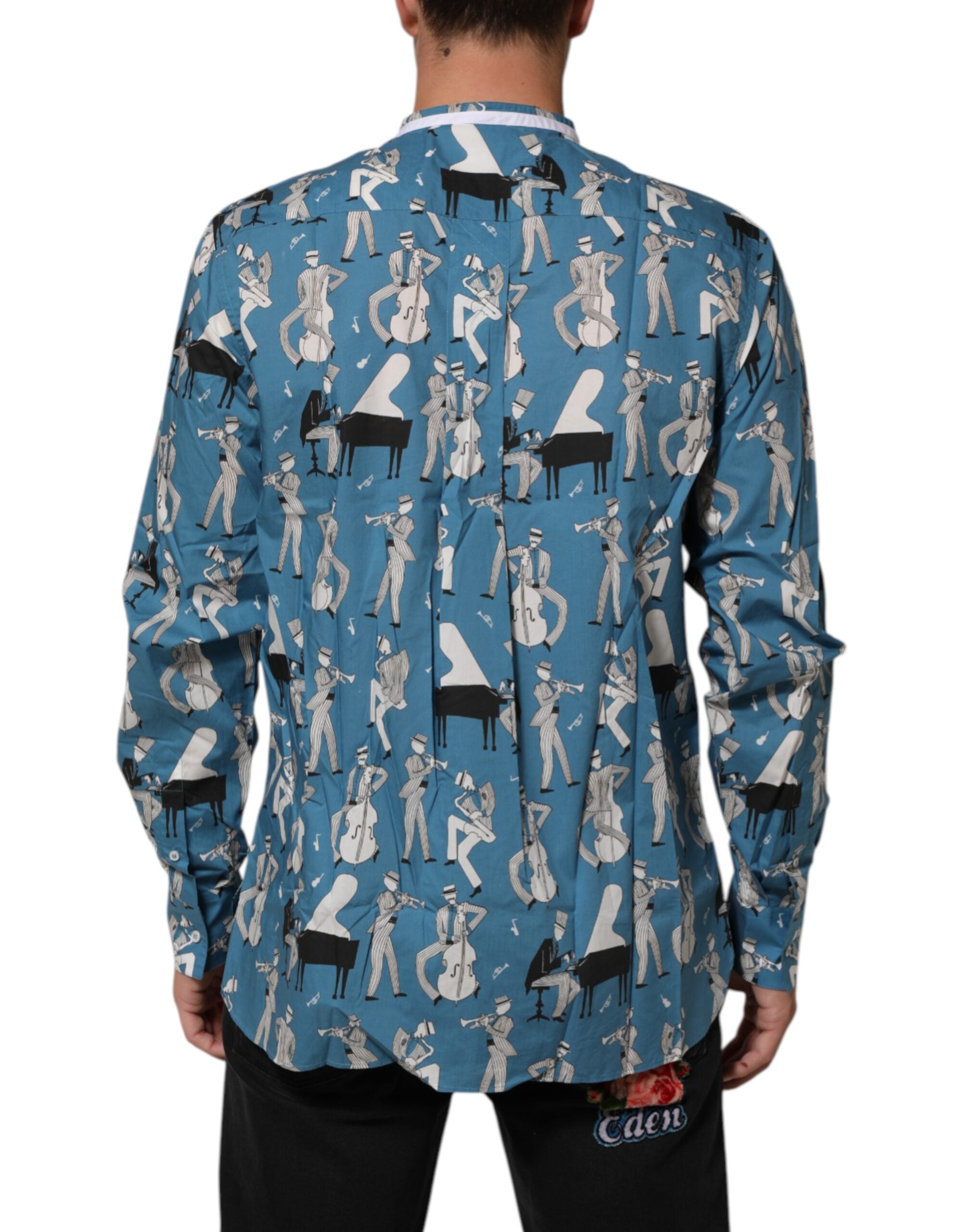 Chemise en coton imprimé bleu Jazz Dolce & Gabbana avec boutonnière, style élégant et moderne.