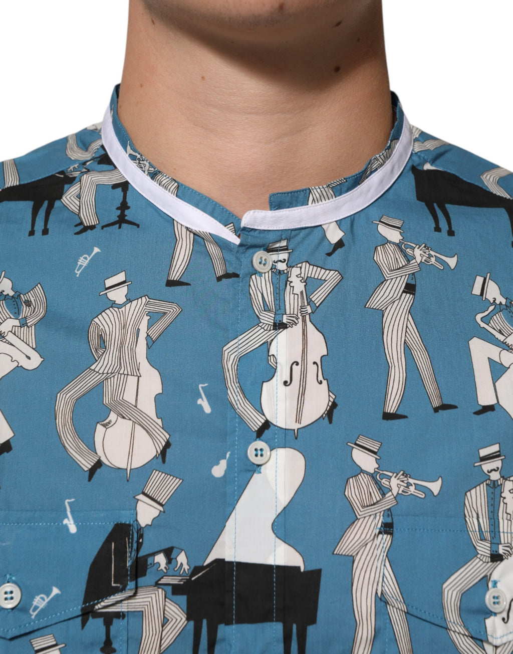 Chemise en coton imprimé Blue Jazz de Dolce & Gabbana, avec boutons frontaux, style élégant et moderne.