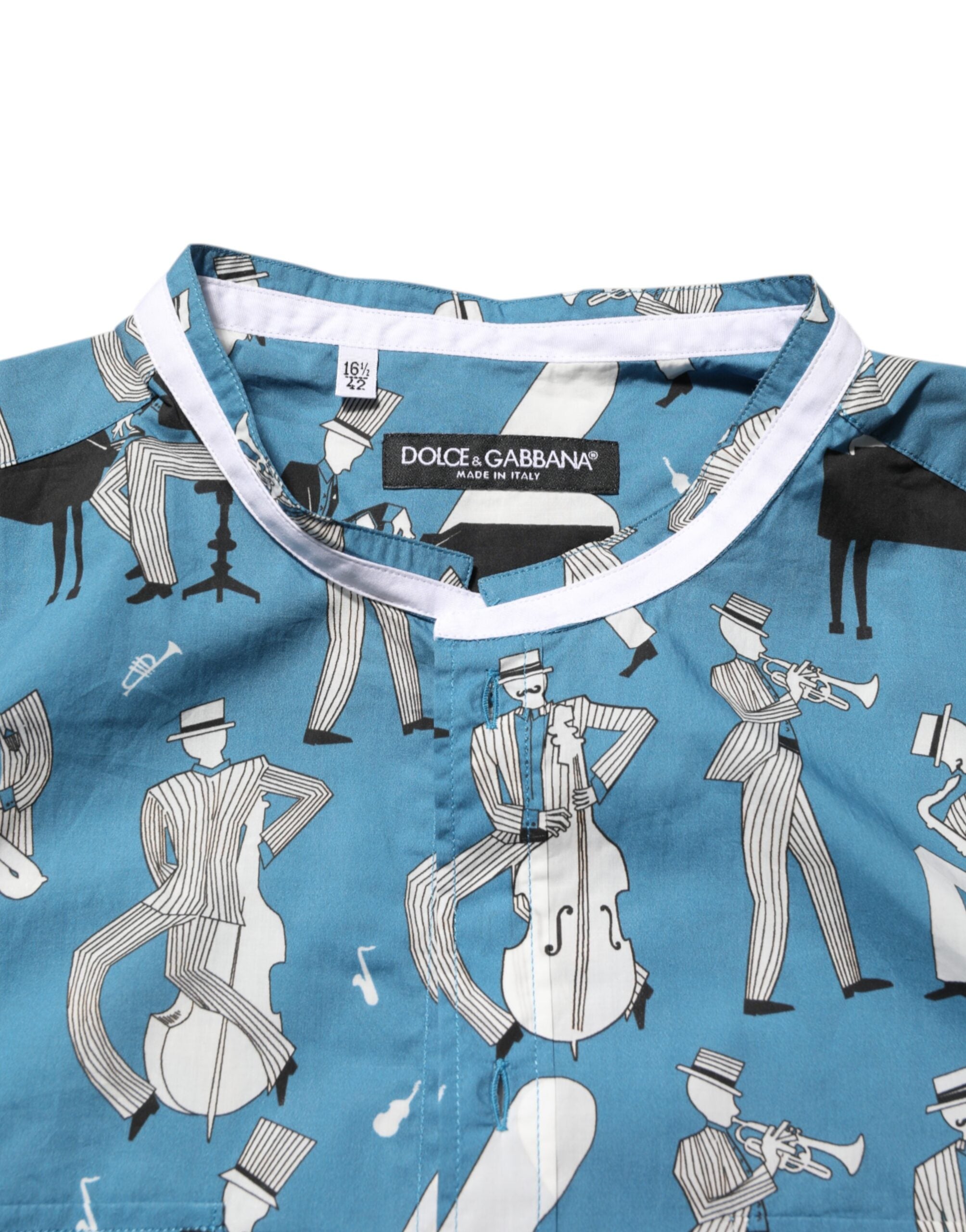 Chemise en coton à imprimé bleu Jazz de Dolce & Gabbana, à boutons sur le devant, style élégant et décontracté.