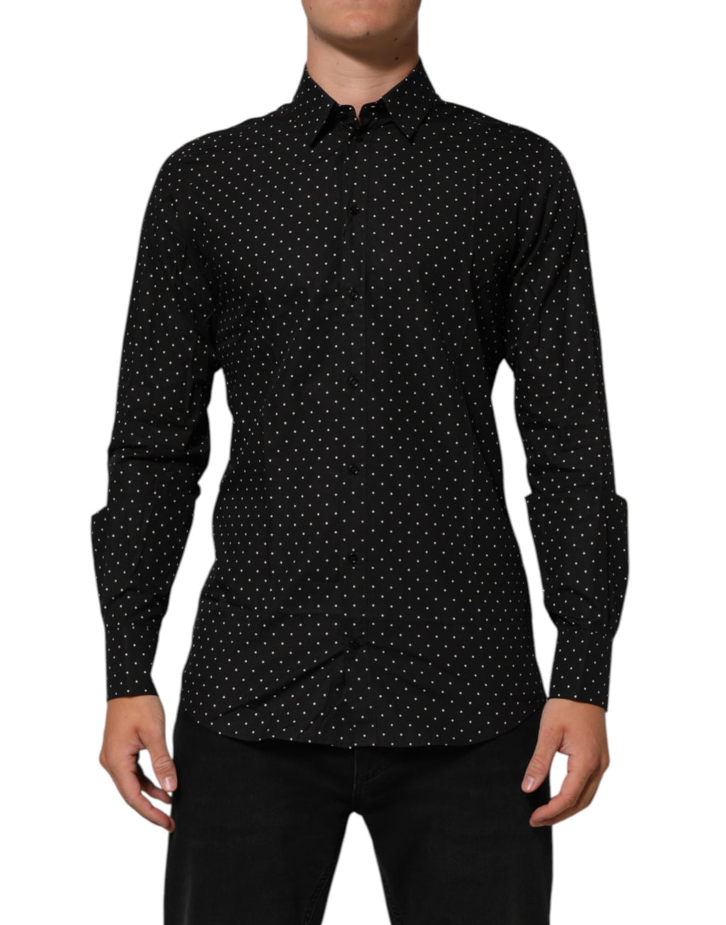 Chemise de costume noire à pois blancs en coton Dolce & Gabbana pour homme, col classique et boutons sur le devant.