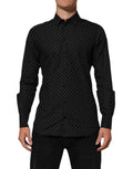 Chemise de costume noire à pois blancs en coton Dolce & Gabbana pour homme, col classique et boutons sur le devant.