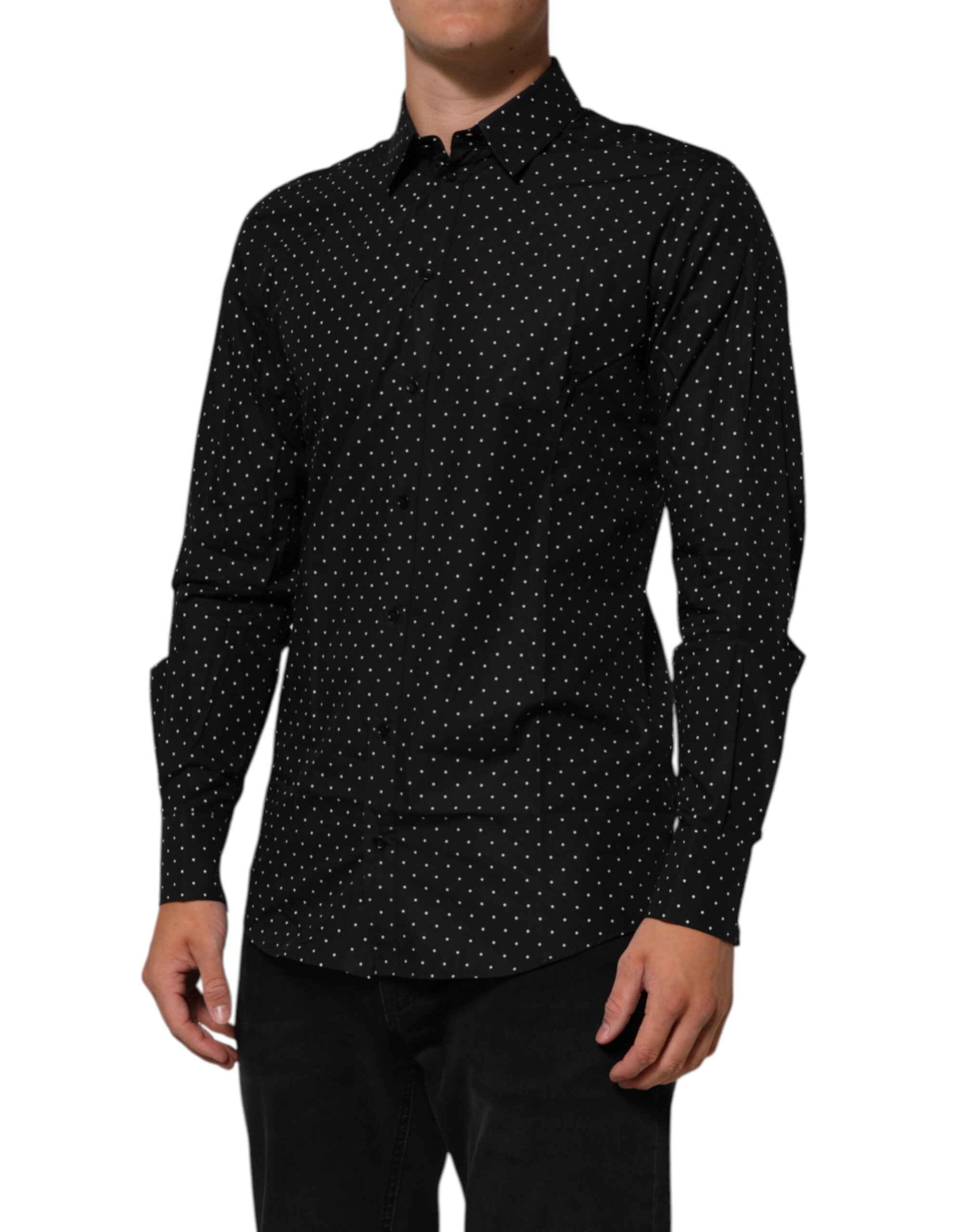 Chemise de costume noire à pois blancs en coton de Dolce & Gabbana pour homme, style formel élégant avec détails dorés.