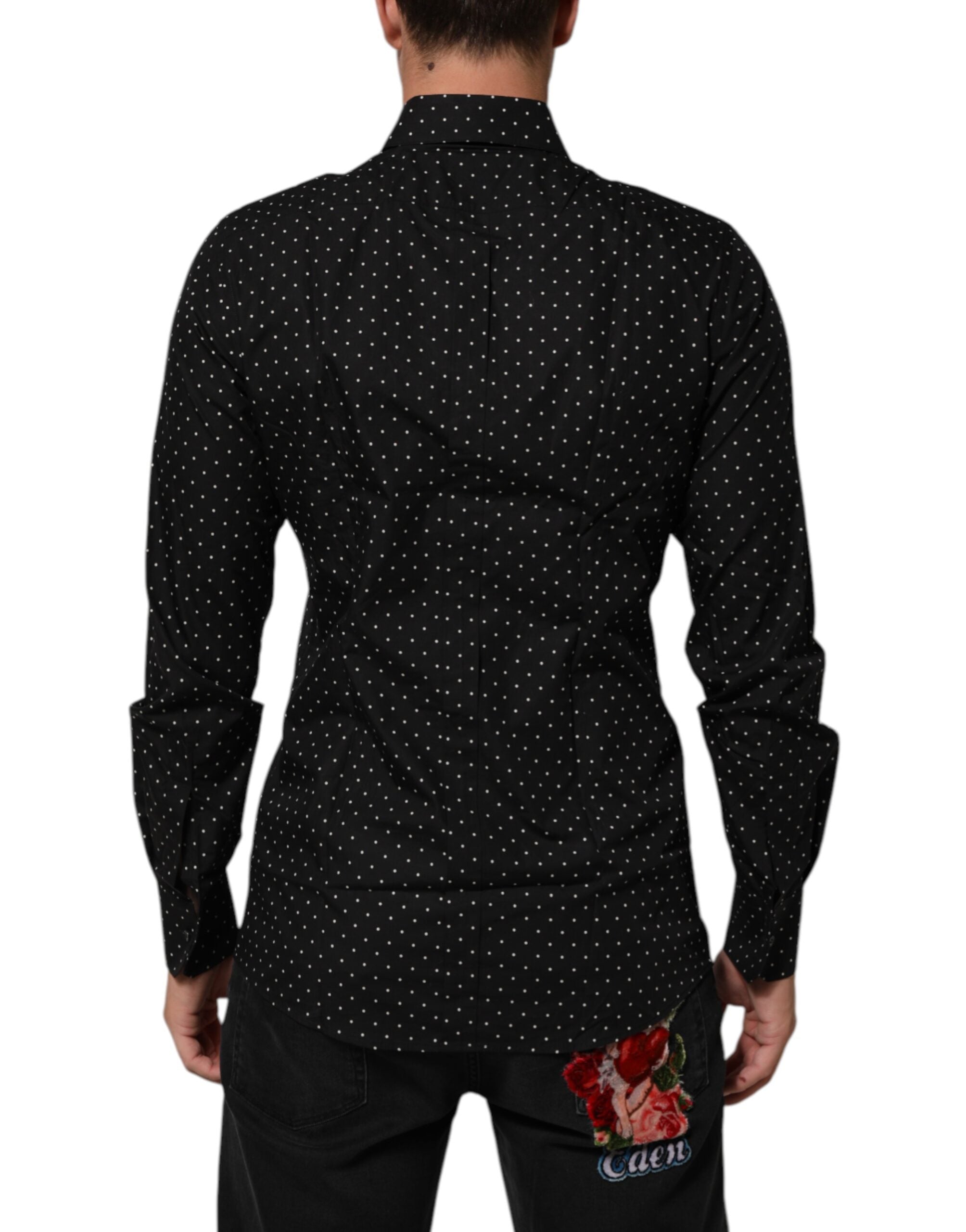 Chemise formelle en coton noir à pois dorés de Dolce & Gabbana, homme, style élégant et sophistiqué.