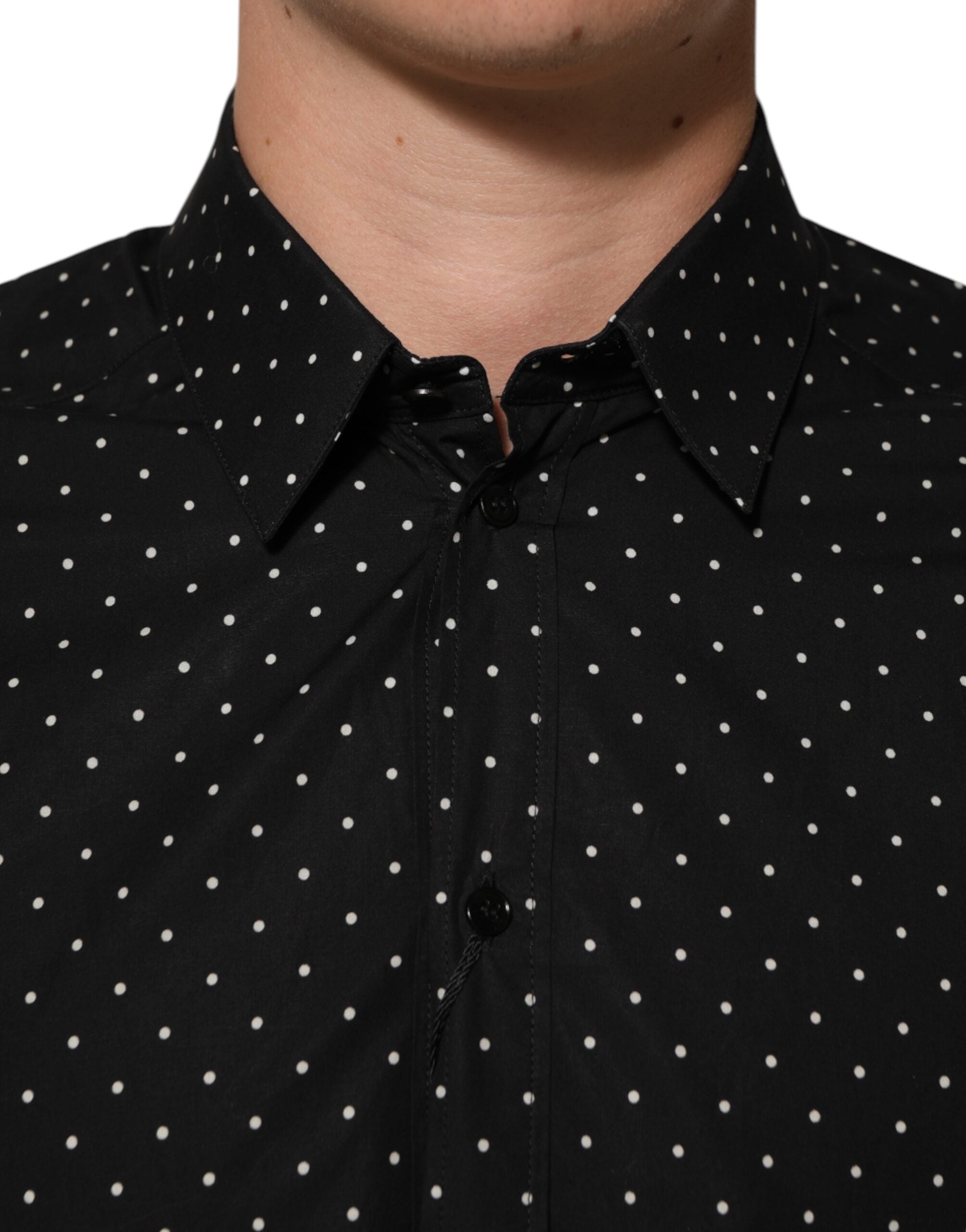 Chemise formelle noire Dolce & Gabbana en coton à pois dorés pour homme, style élégant et sophistiqué.