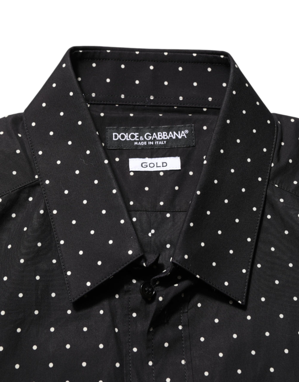 Chemise formelle noire à pois blancs en coton de Dolce & Gabbana pour homme, détails élégants et finition soignée.