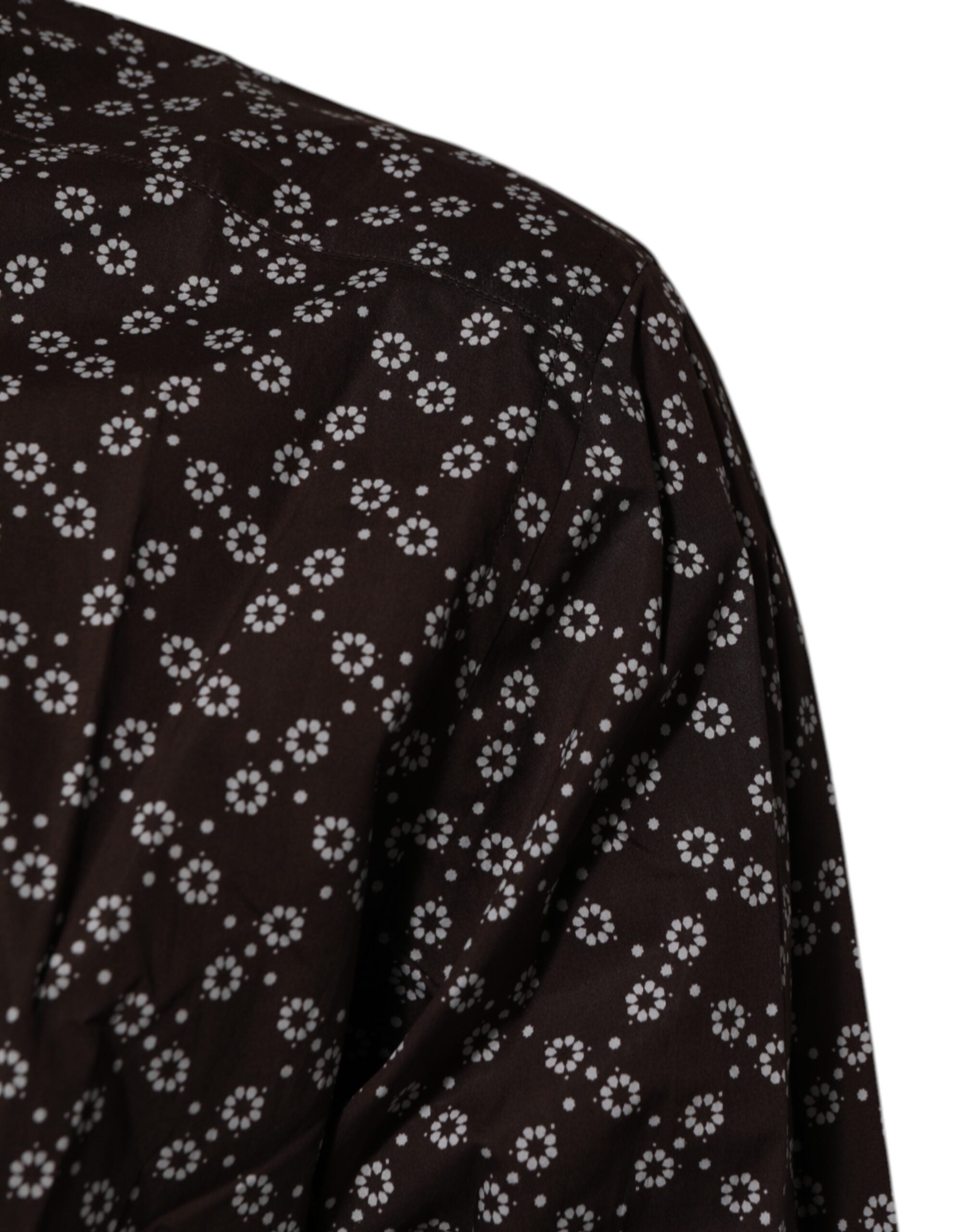 Chemise formelle Dolce & Gabbana marron à fleurs avec col, détail en or, vue de face sur fond blanc.