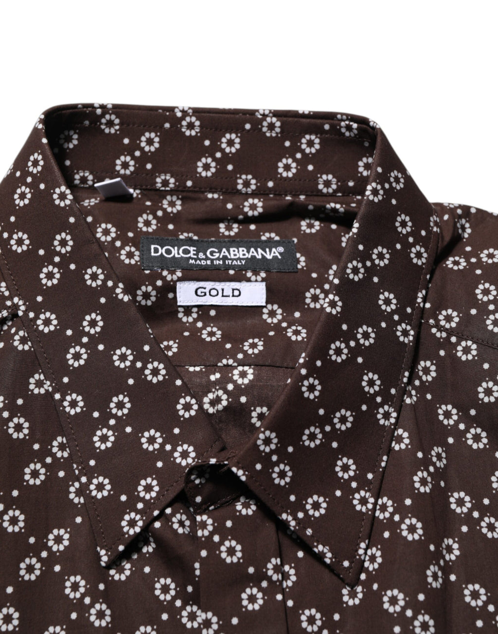 Chemise formelle Dolce & Gabbana marron avec col à fleurs doré, style élégant et sophistiqué pour homme.