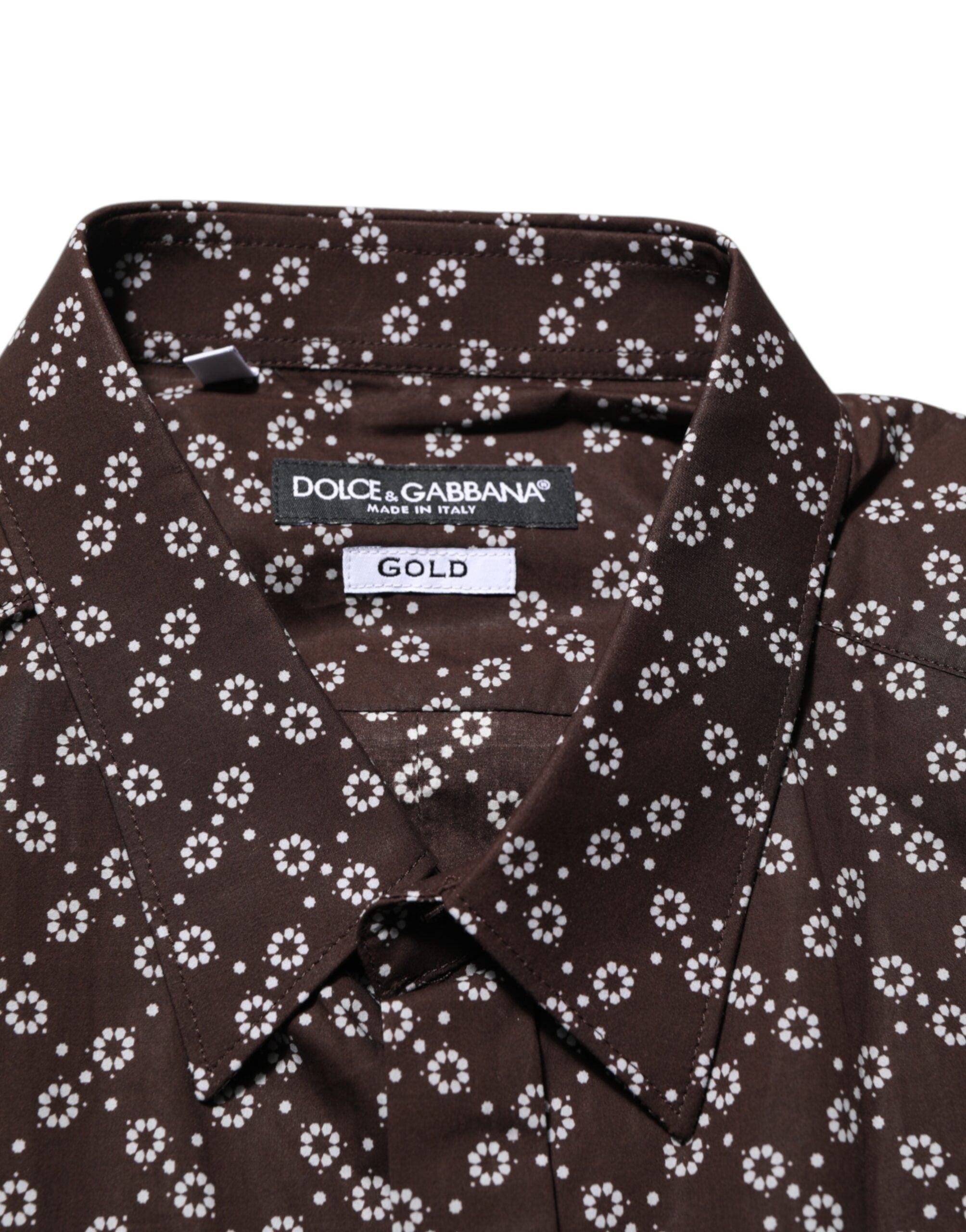 Chemise formelle Dolce & Gabbana marron avec col à fleurs doré, style élégant et sophistiqué pour homme.