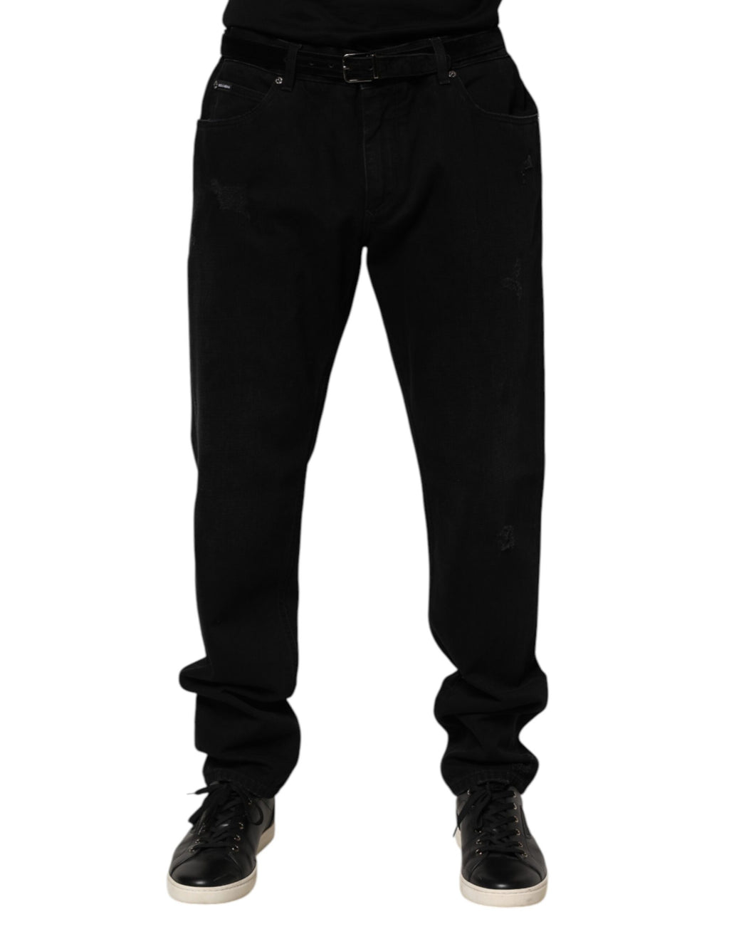 Jeans homme Dolce & Gabbana en coton noir, coupe régulière, style décontracté, avec poches et détails classiques.