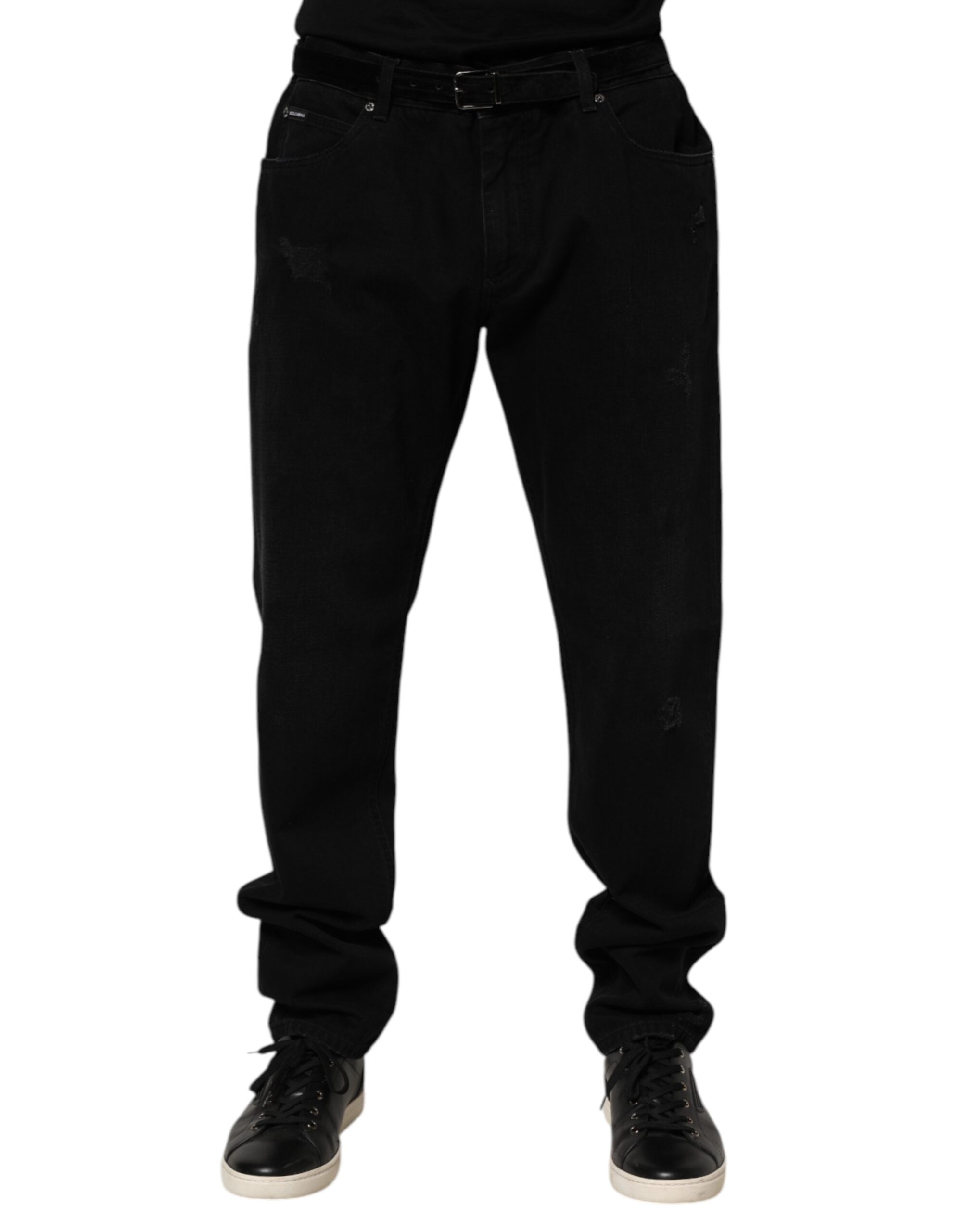 Jeans homme Dolce & Gabbana en coton noir, coupe régulière, style décontracté, avec poches et détails classiques.