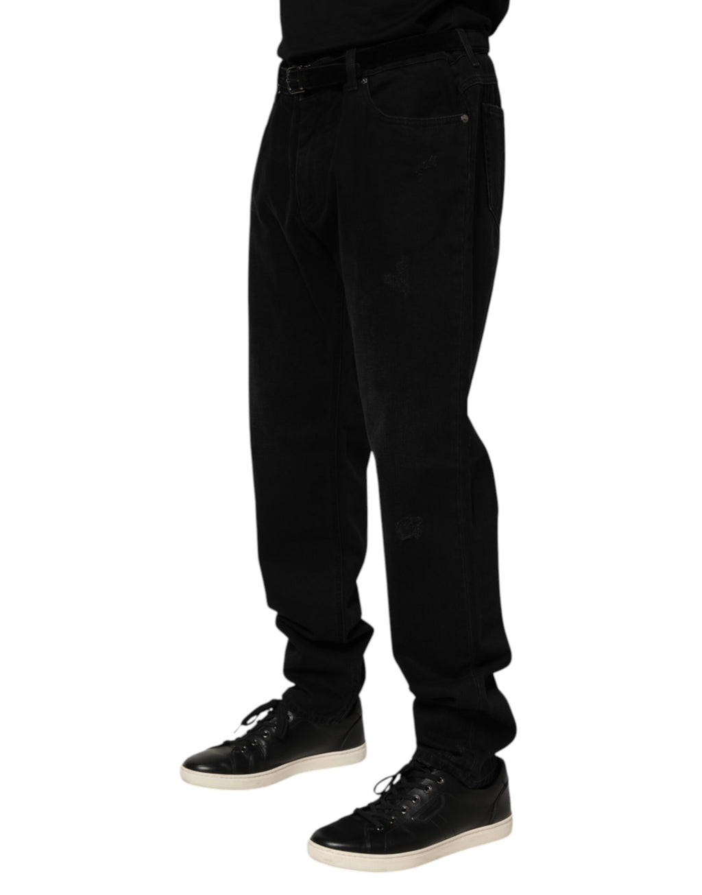 Pantalon homme Dolce & Gabbana en denim noir en coton, coupe régulière, style jeans, visible en détail sur la photo.