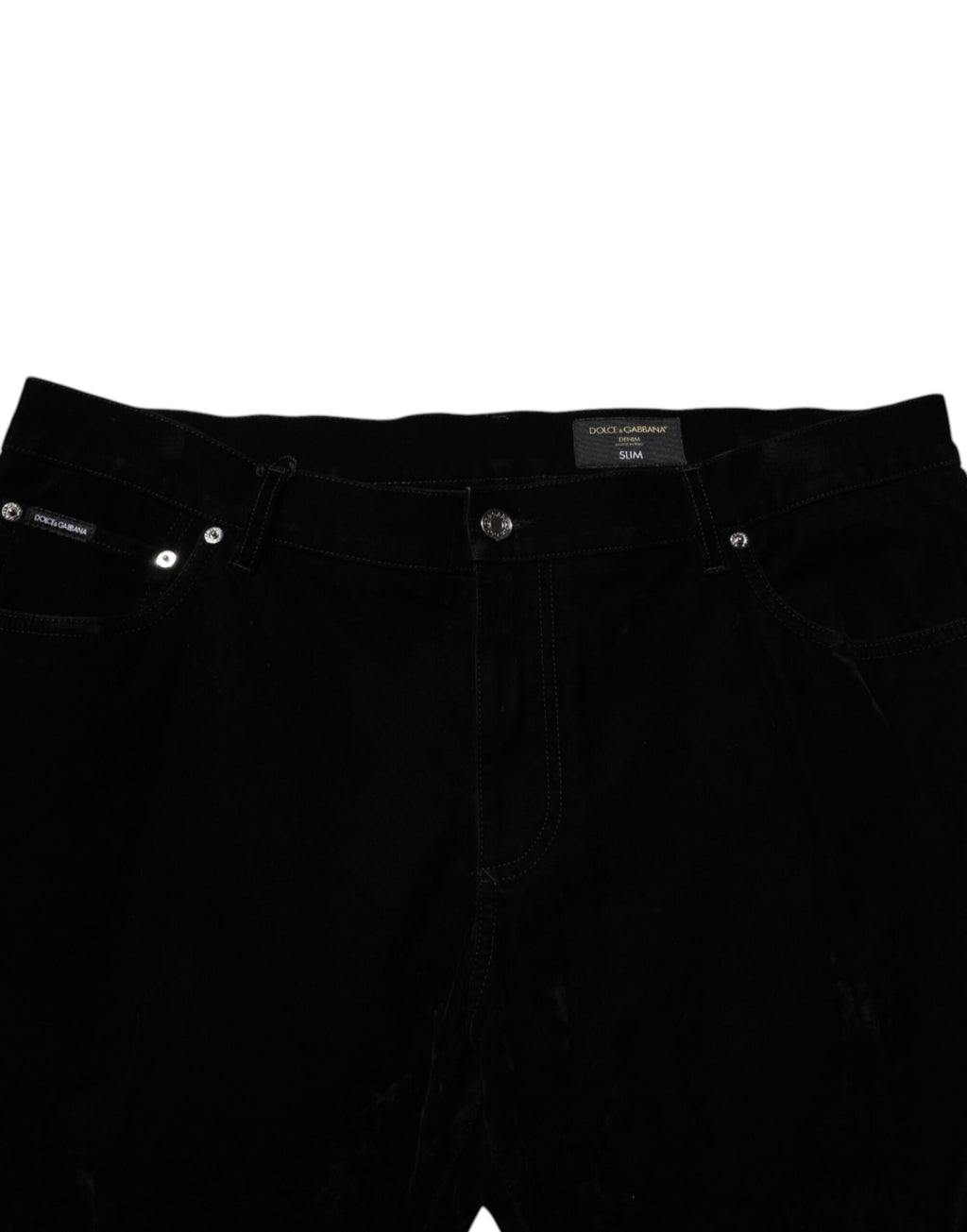 Pantalon en denim noir Dolce & Gabbana, coupe slim en coton, pantalons élégants pour homme, détail visible sur l'image.