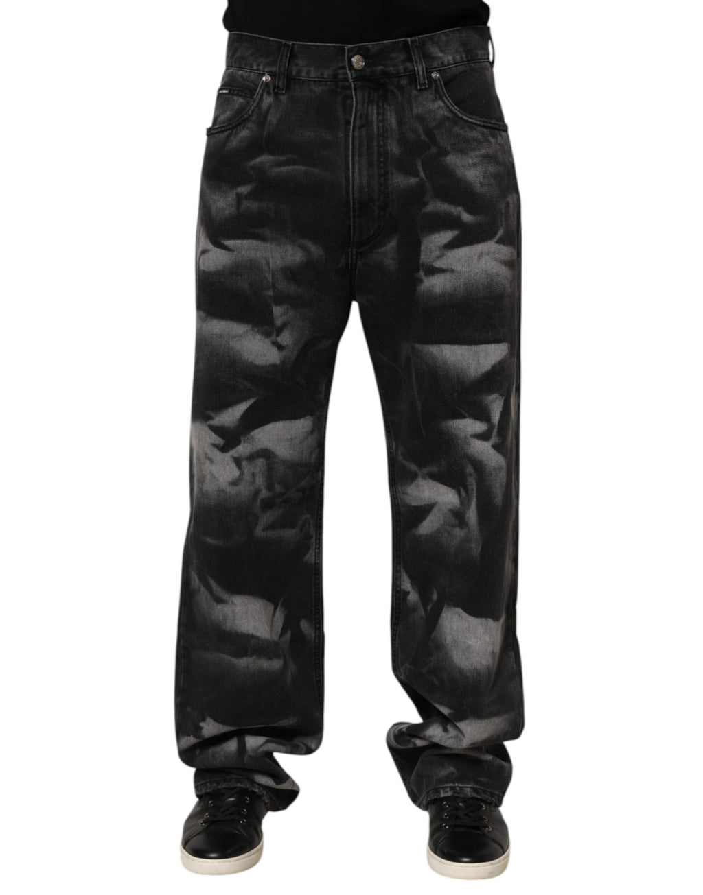 Jeans droits pour homme Dolce & Gabbana en denim noir à effet marbré avec design élégant.
