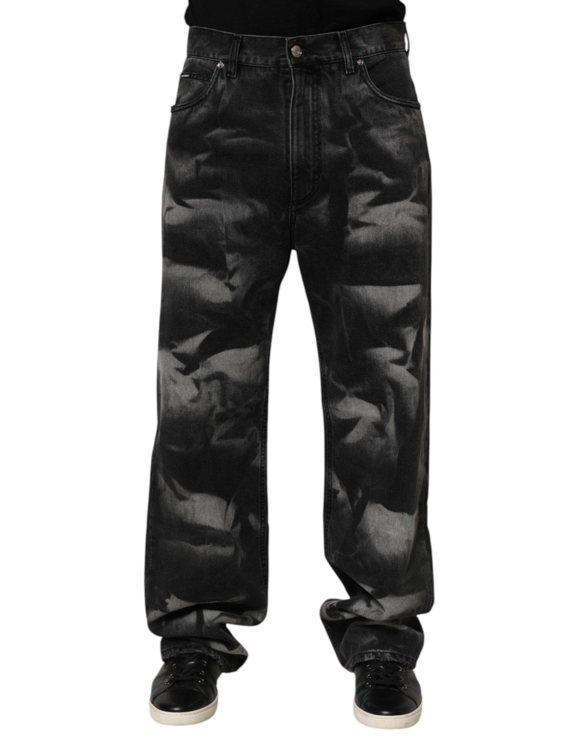Jeans droits pour homme Dolce & Gabbana en denim noir à effet marbré avec design élégant.