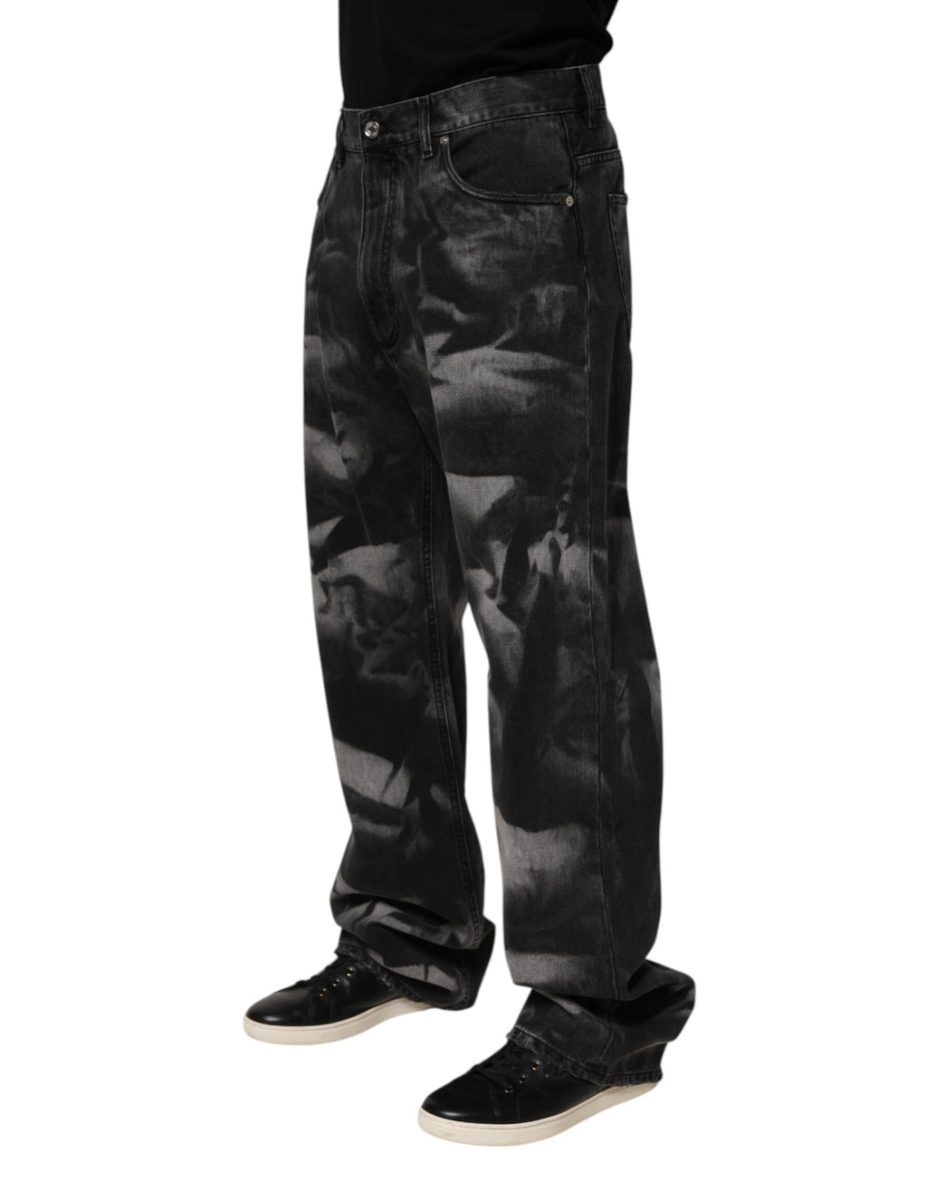 Jeans hommes Dolce & Gabbana noirs à effet marbré, coupe droite, en denim avec détails élégants.