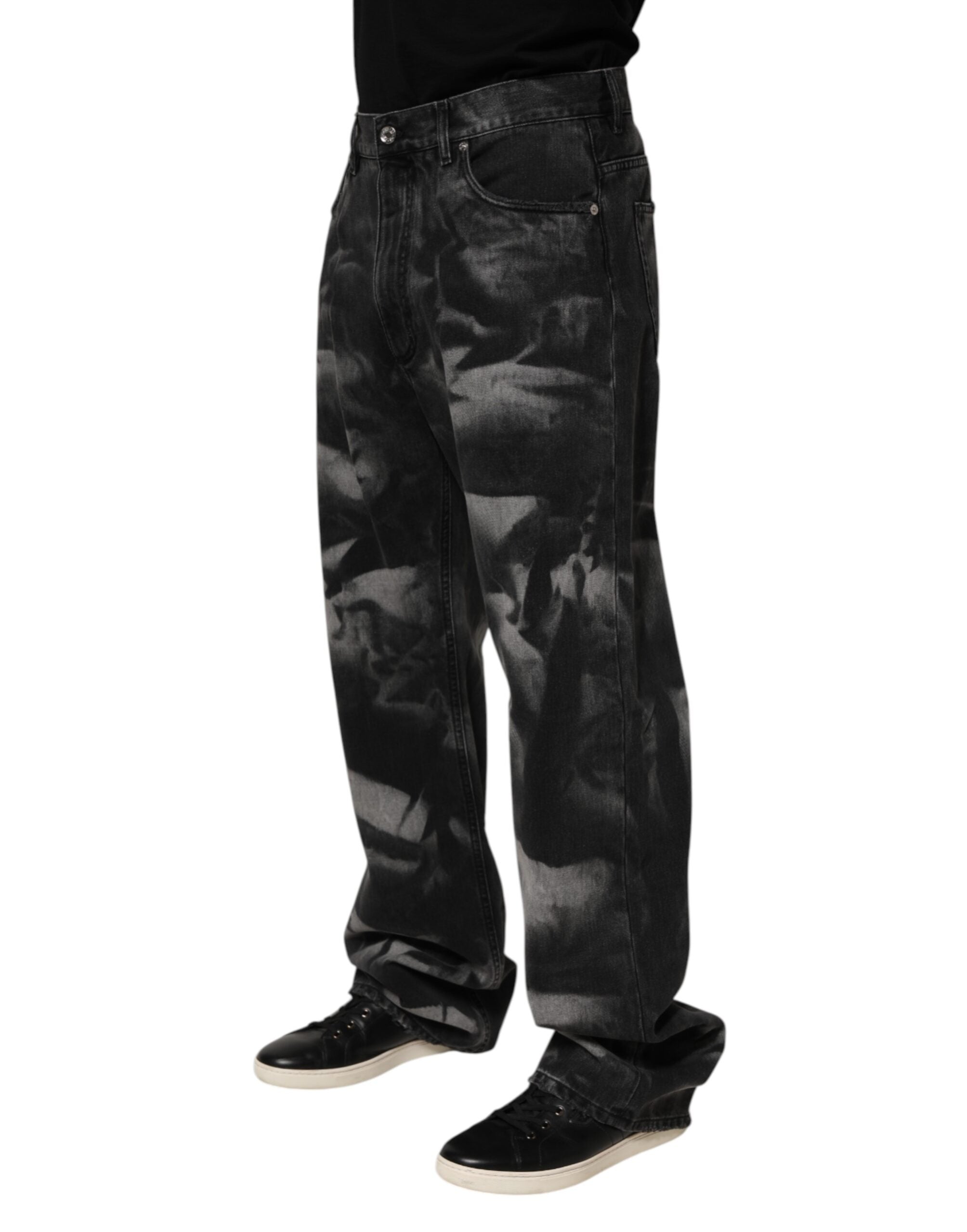 Jeans hommes Dolce & Gabbana noirs à effet marbré, coupe droite, en denim avec détails élégants.
