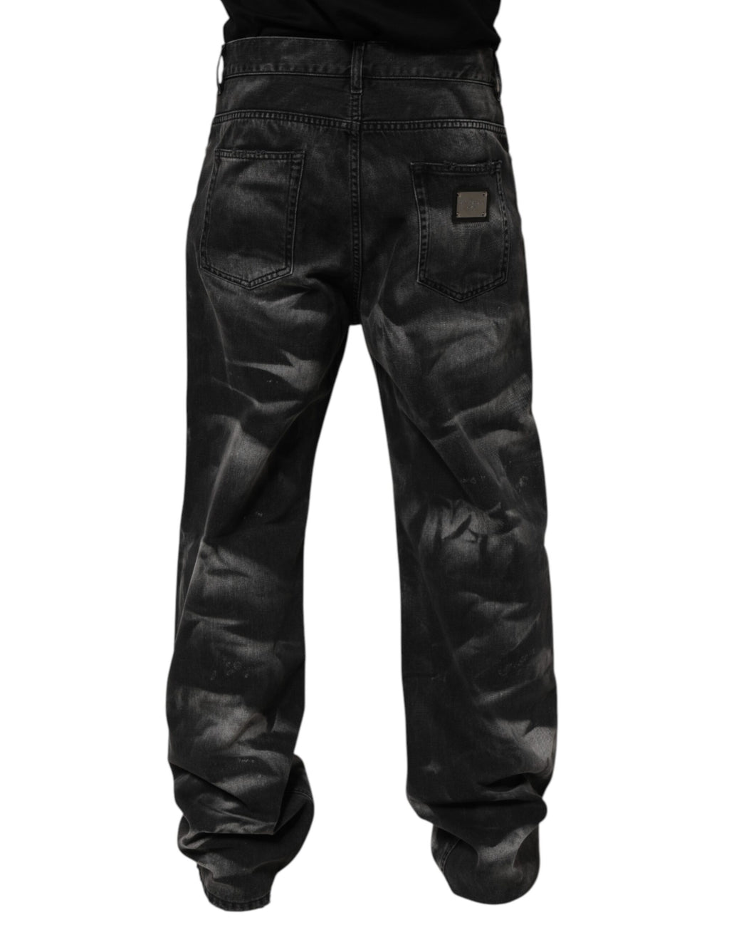 Jeans homme Dolce & Gabbana noir à effet marbré, coupe droite, en denim avec détails stylés.