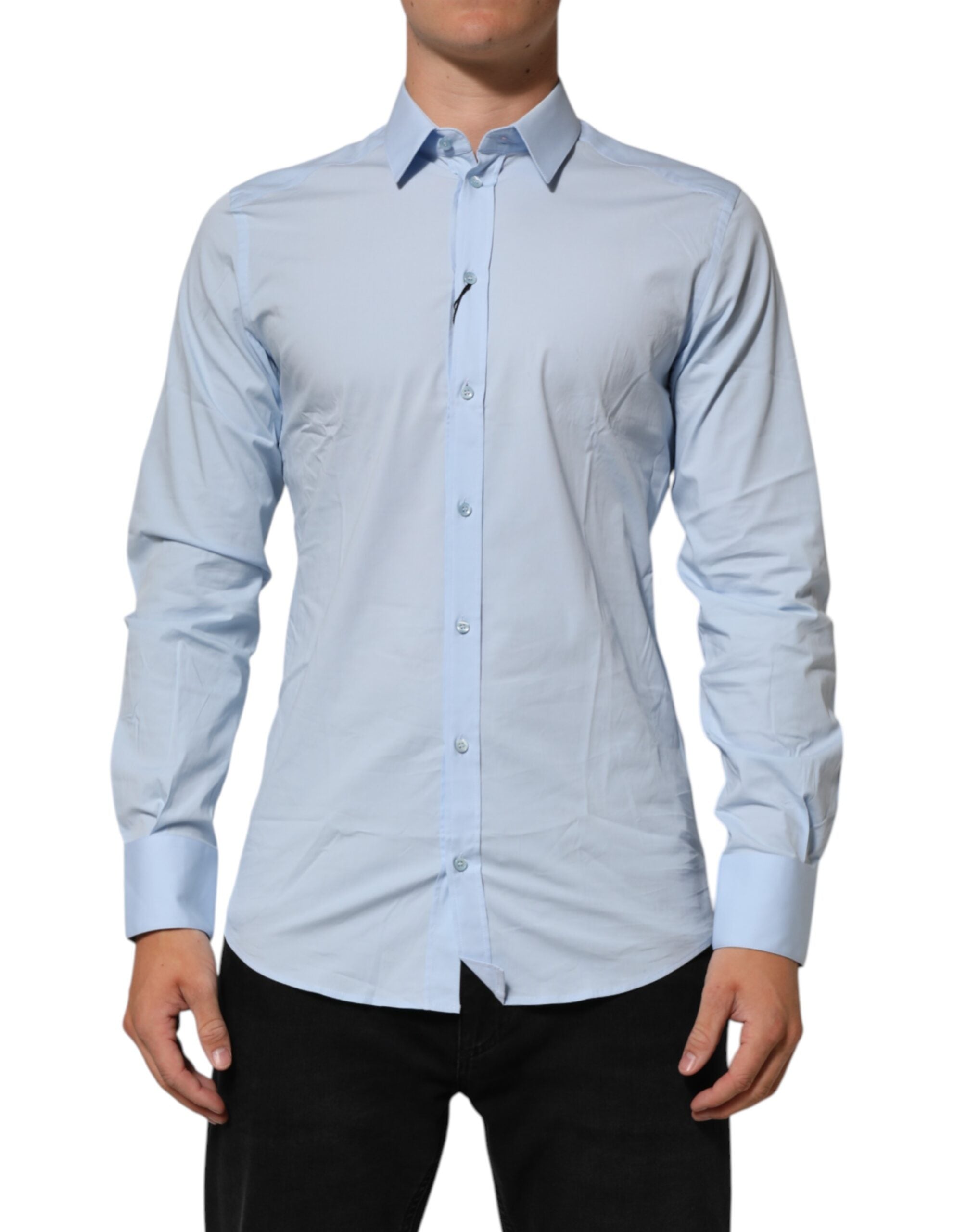 Chemise homme Dolce & Gabbana Light Blue en coton avec détails dorés pour une tenue formelle élégante.
