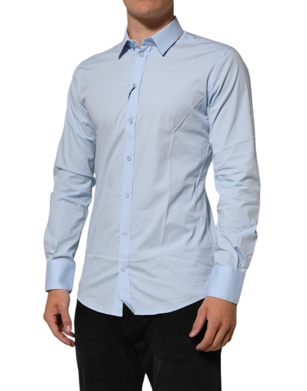Chemise formelle en coton doré Dolce & Gabbana Light Blue pour homme, vue de face, détails élégants et tissu de qualité visible.