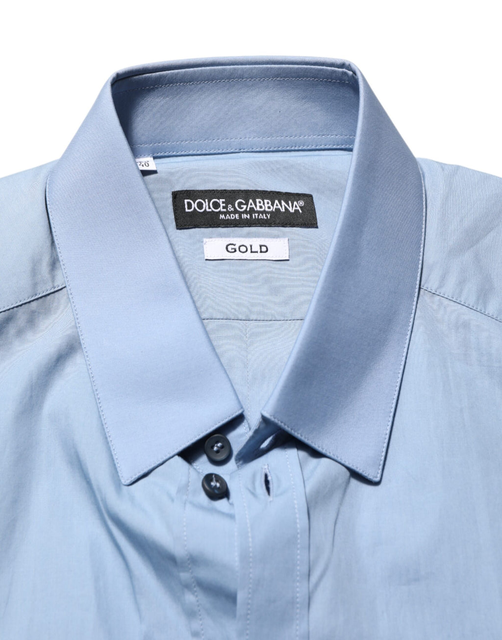 Chemise formelle en coton bleu Dolce & Gabbana avec col et détails dorés, parfaite pour une tenue élégante.