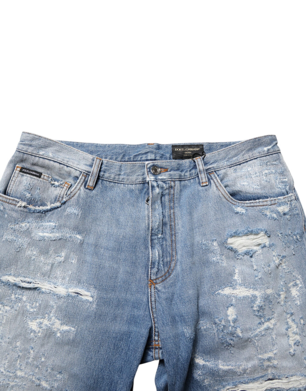 Pantalon en jean déchiré et délavé Dolce & Gabbana bleu, style distressed, coupe slim, denim tendance pour homme.
