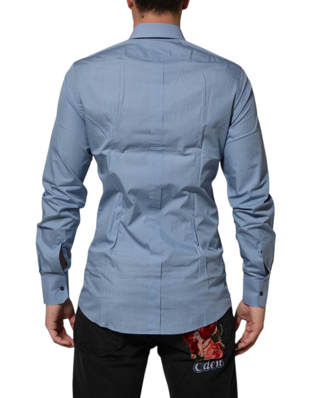 Chemise formelle bleu en coton Dolce & Gabbana avec col, détails dorés, élégante et sophistiquée.