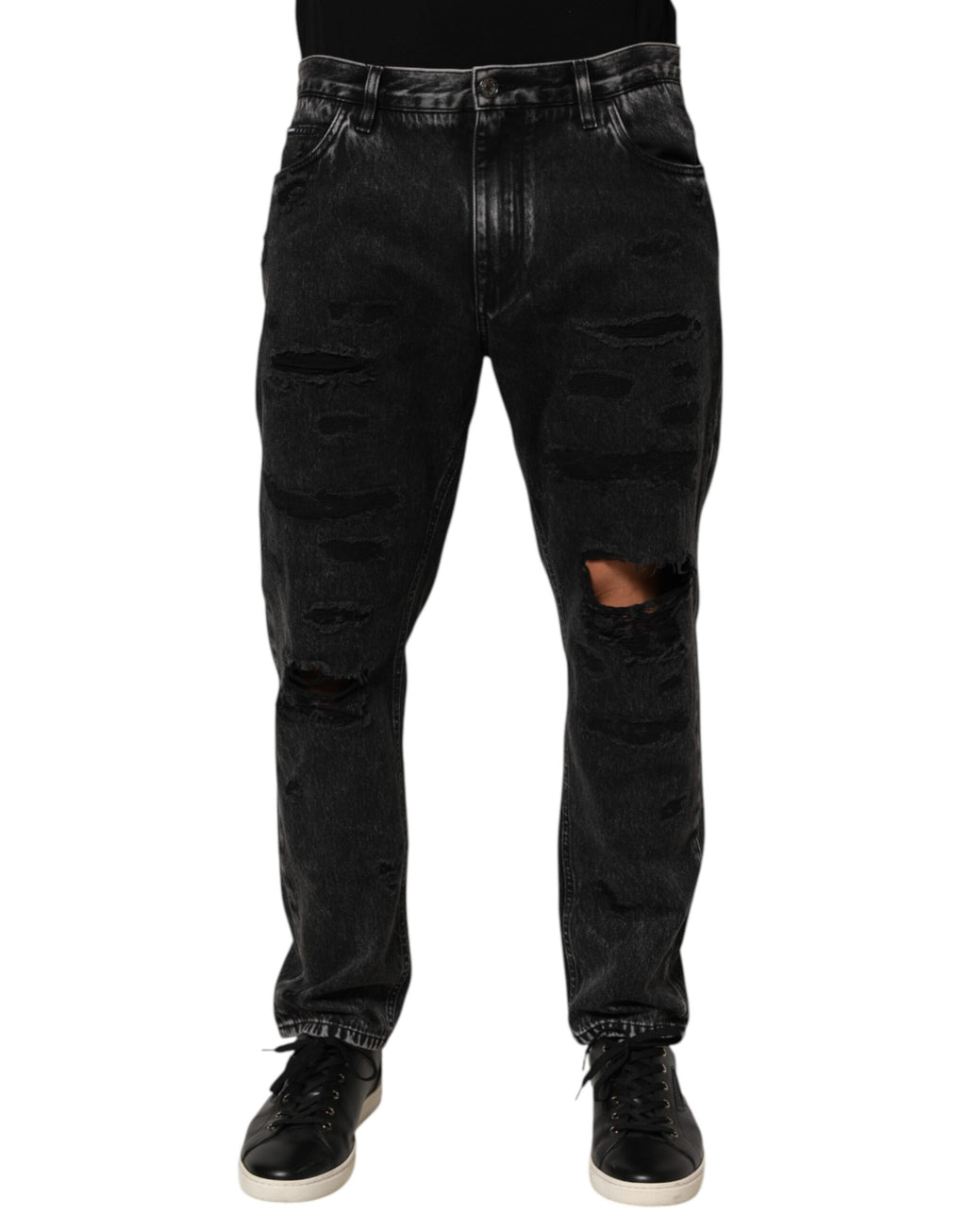 Jeans en denim noir délavé et déchiré de Dolce & Gabbana, coupe ample en coton avec détails usés.