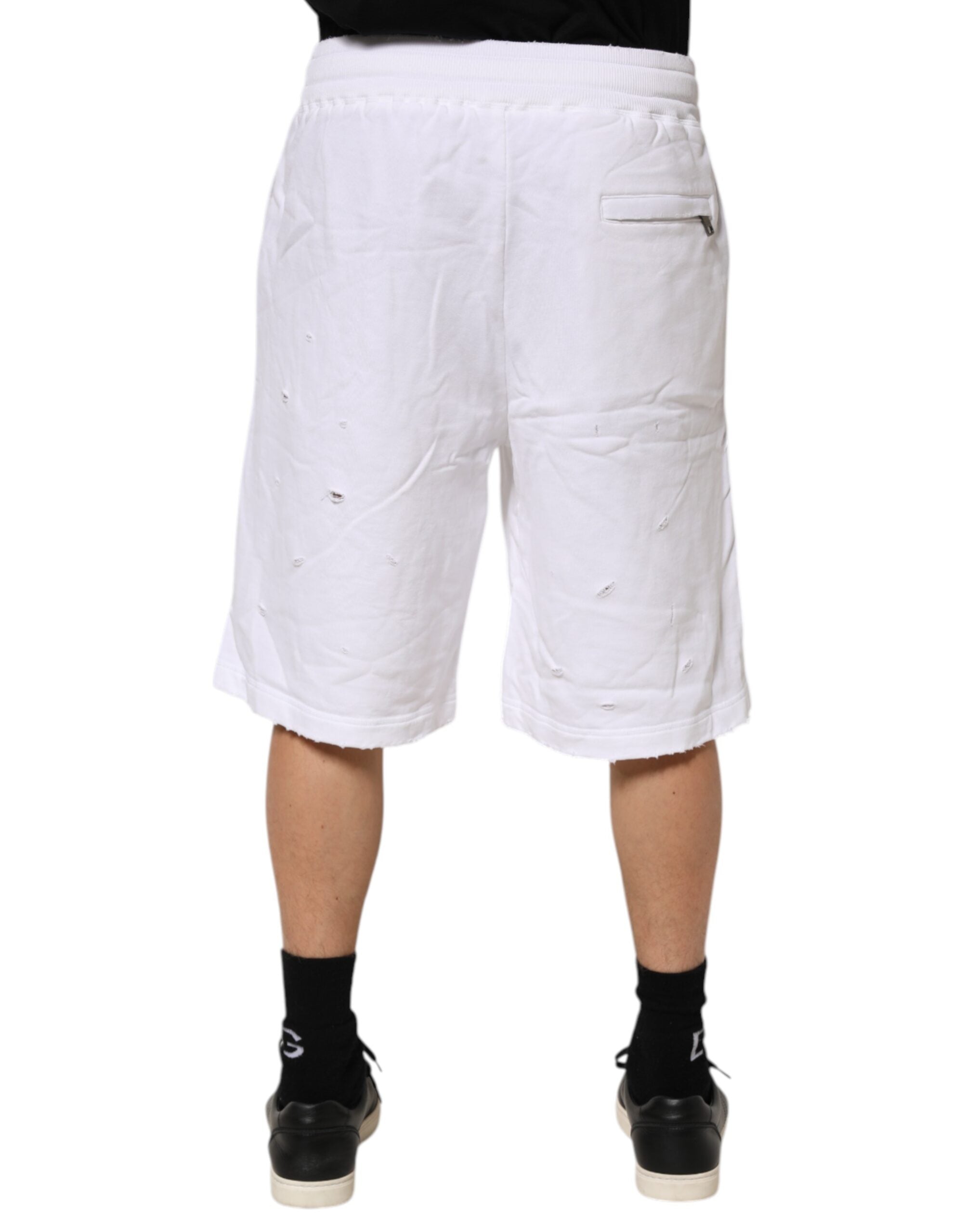 Shorts bermuda déchirés blancs Dolce & Gabbana, taille moyenne, style décontracté, tissu léger pour homme.