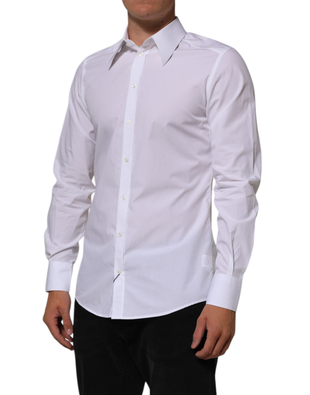 Chemise formelle blanche en coton Dolce & Gabbana Martini pour homme, détail de la couture et col élégant visible.