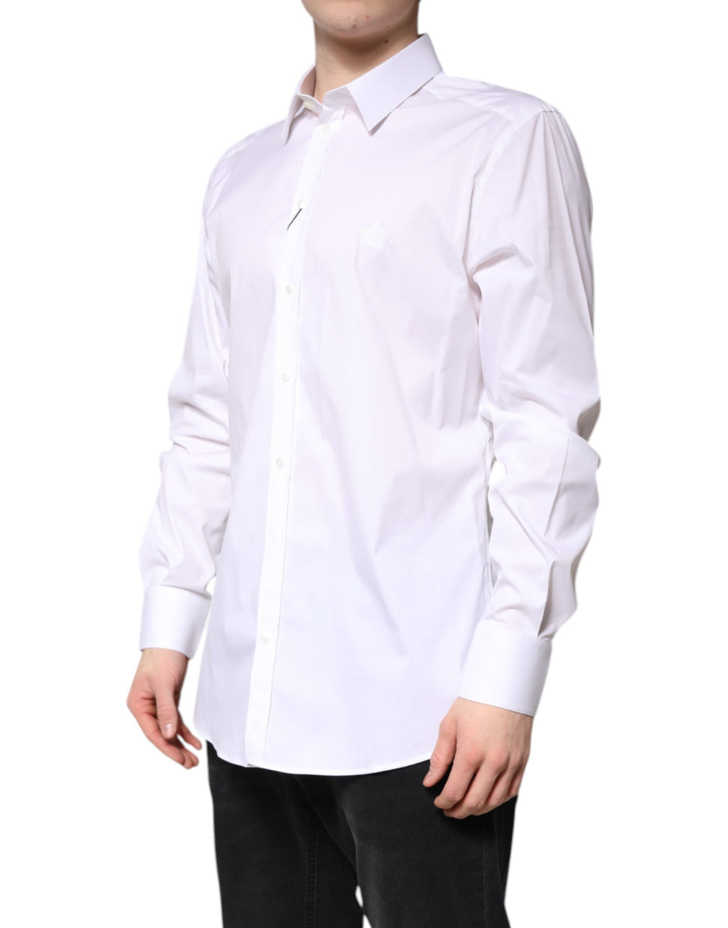 Chemise formelle blanche en coton Dolce & Gabbana avec col, détails dorés visible sur l'image.