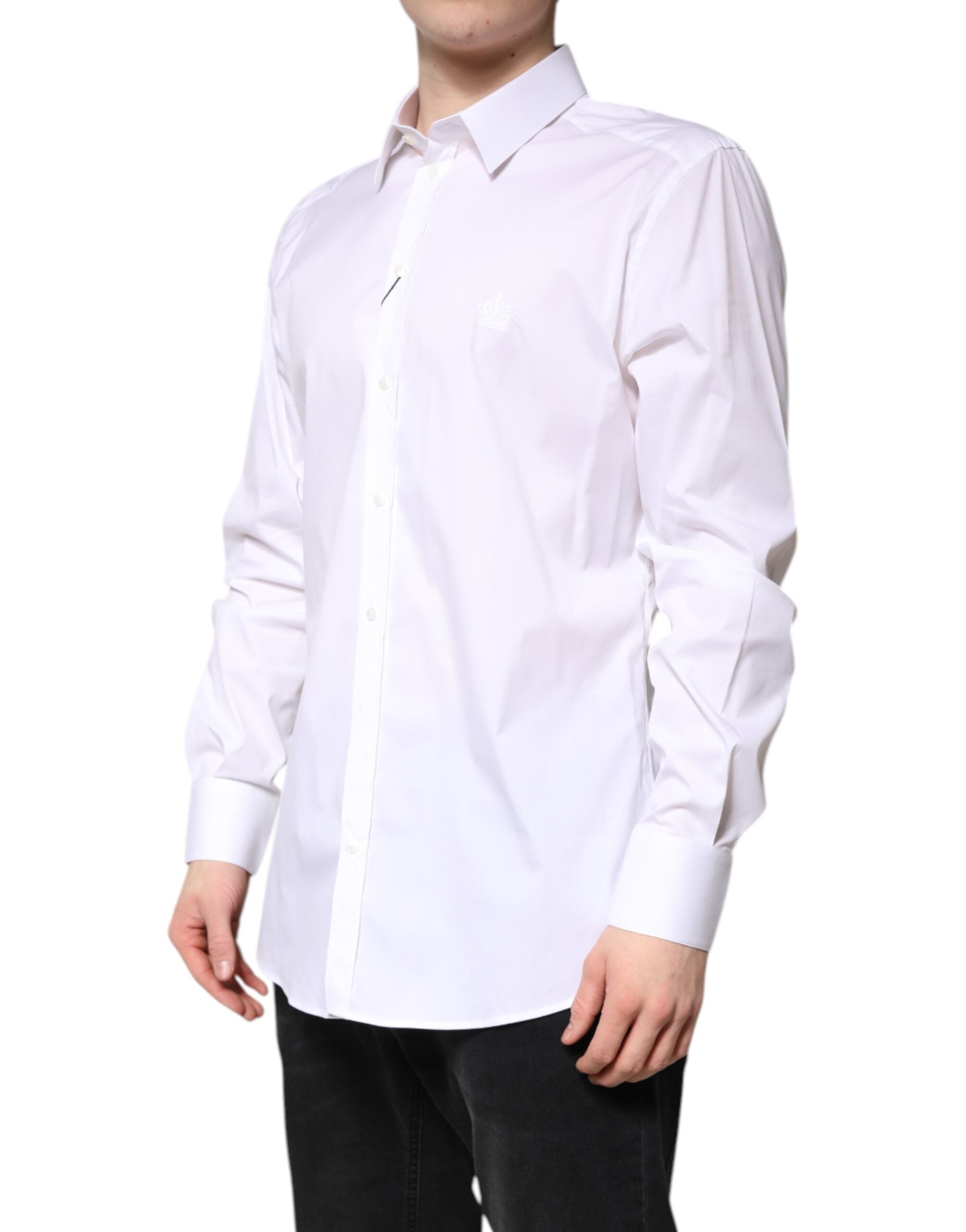 Chemise formelle blanche en coton Dolce & Gabbana avec col, détails dorés visible sur l'image.