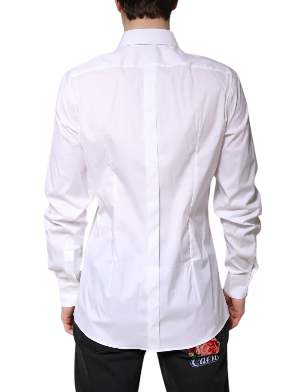 Chemise formelle blanche en coton Dolce & Gabbana avec col, détails dorés visibles sur l'image.
