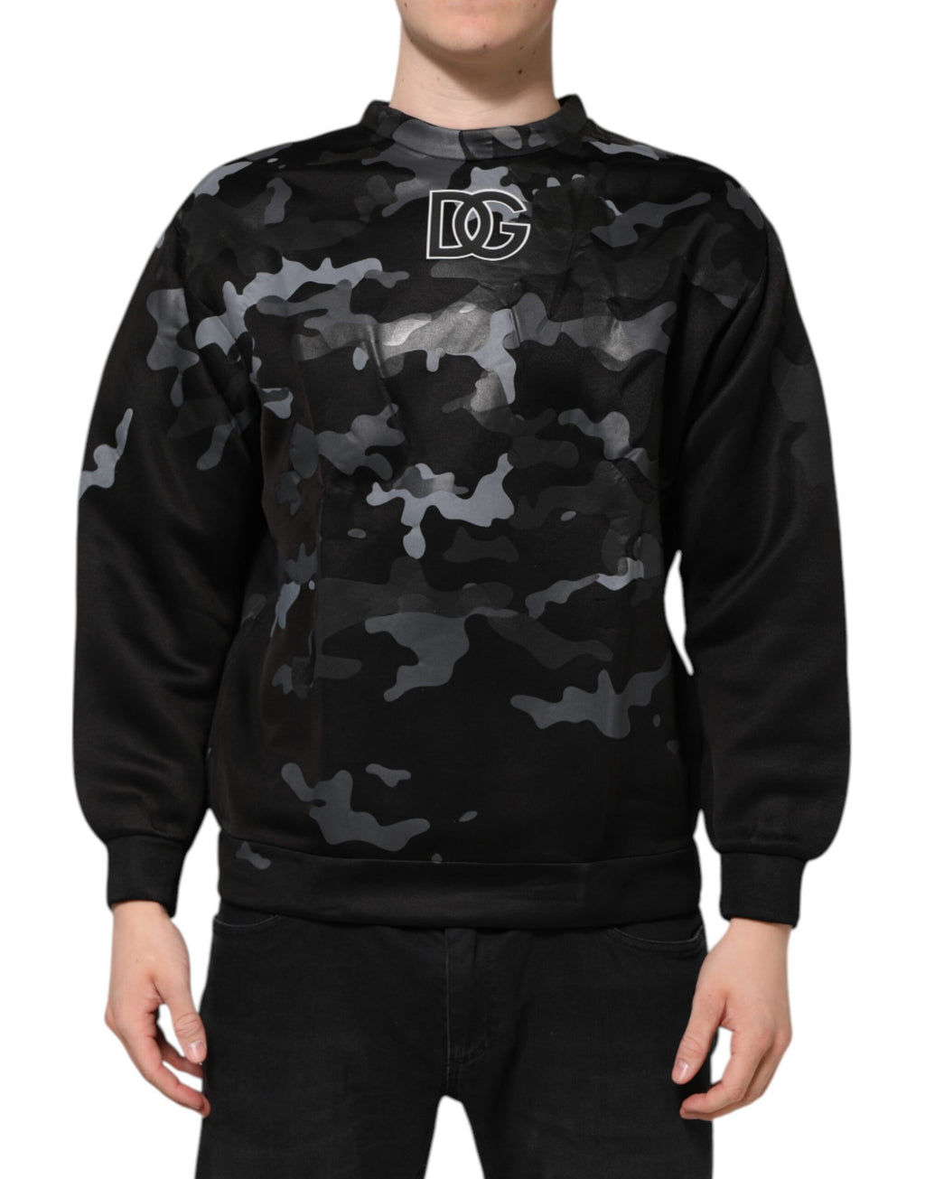 Sweatshirt noir Dolce & Gabbana à motif camouflage rond, pull-over décontracté avec col rond et style moderne.
