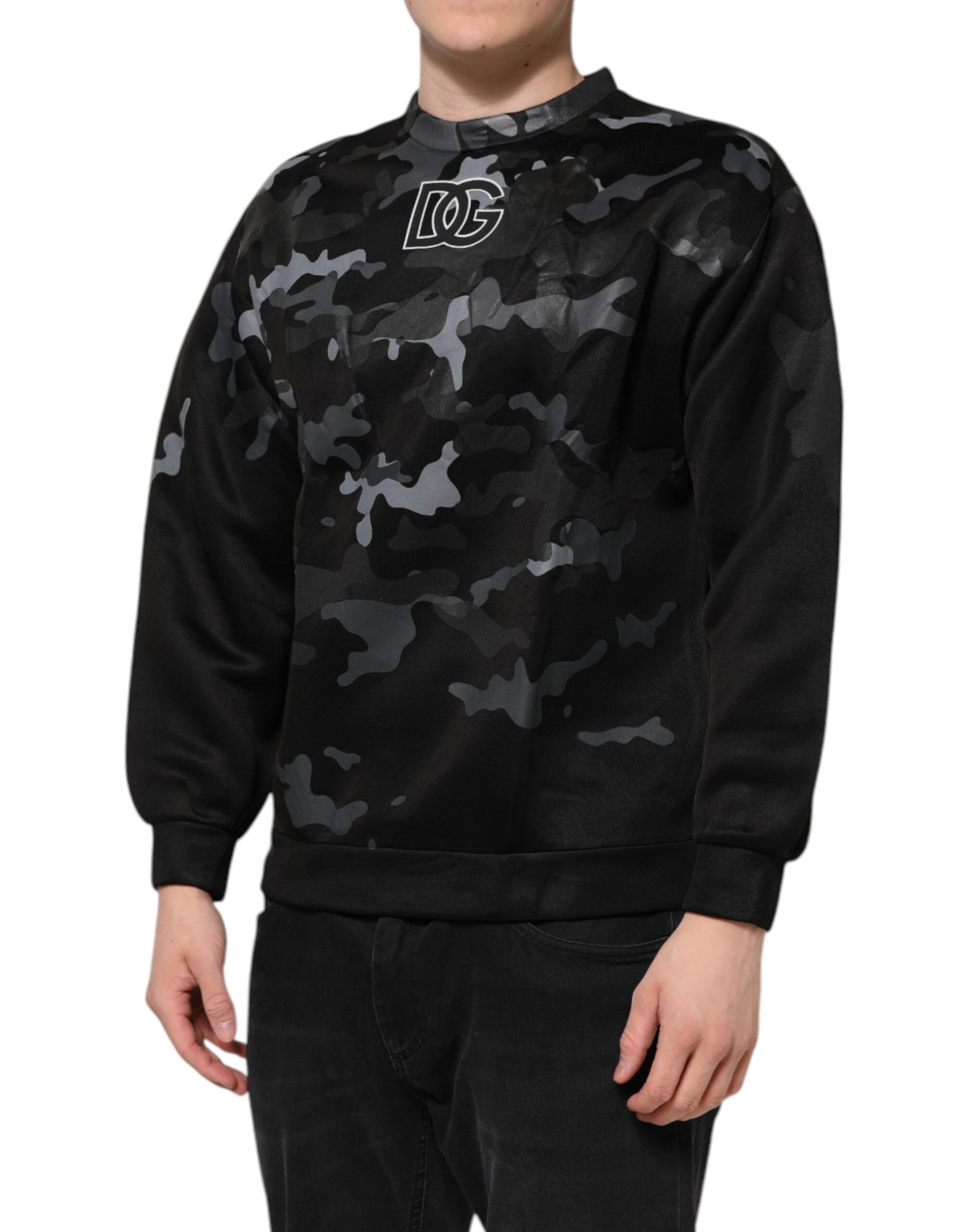 Sweat-shirt noir camouflage Dolce & Gabbana à col rond, confectionné en coton, avec un style décontracté et tendance.