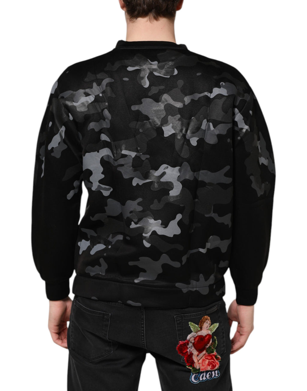 Sweat-shirt noir à motif camouflage rond avec col rond de la marque Dolce & Gabbana, en coton confortable.