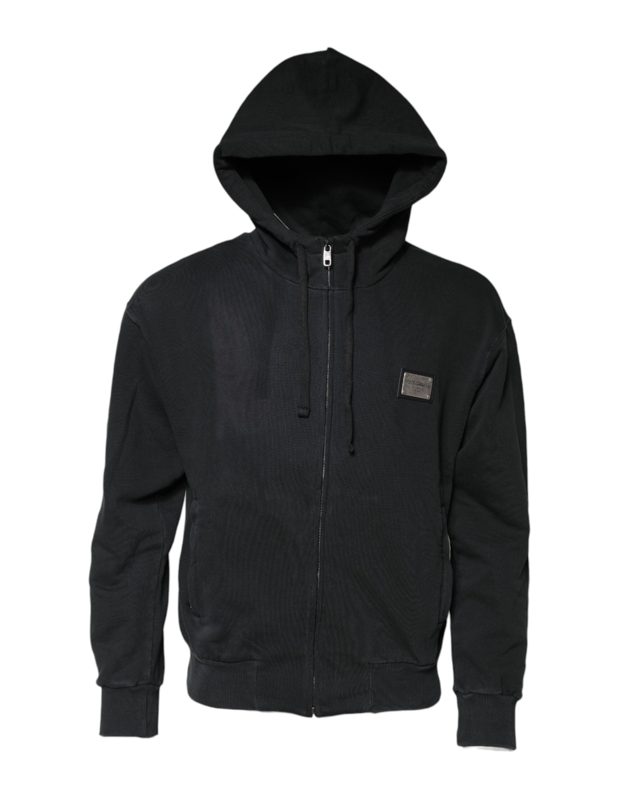 Sweat à capuche noir Dolce & Gabbana logo complet avec fermeture éclair et poches frontales, style décontracté et élégant.