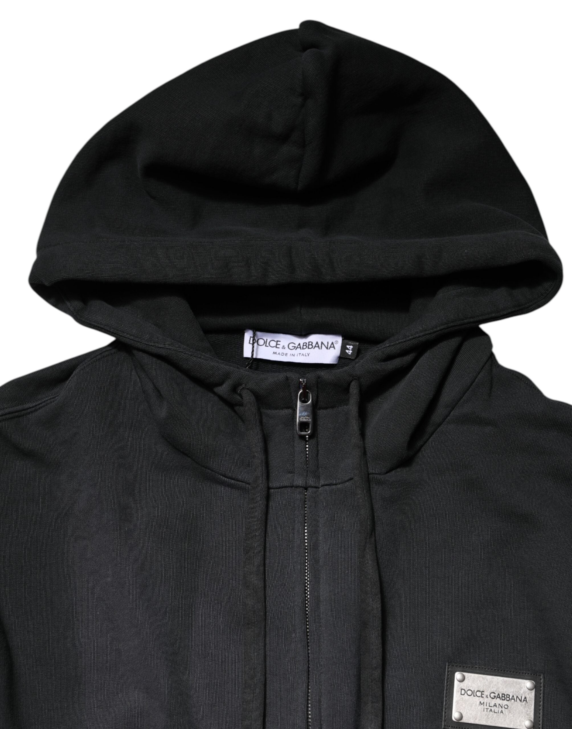 Sweat à capuche Dolce & Gabbana noir avec logo complet, fermeture éclair avant et design décontracté.