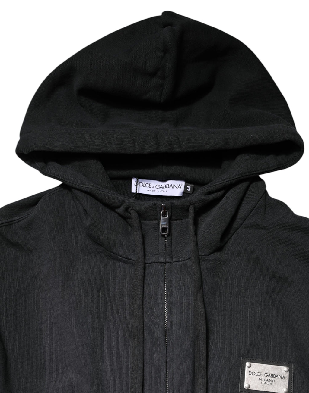Sweat à capuche Dolce & Gabbana noir avec logo, zip complet, pull en coton avec motif de marque visible.