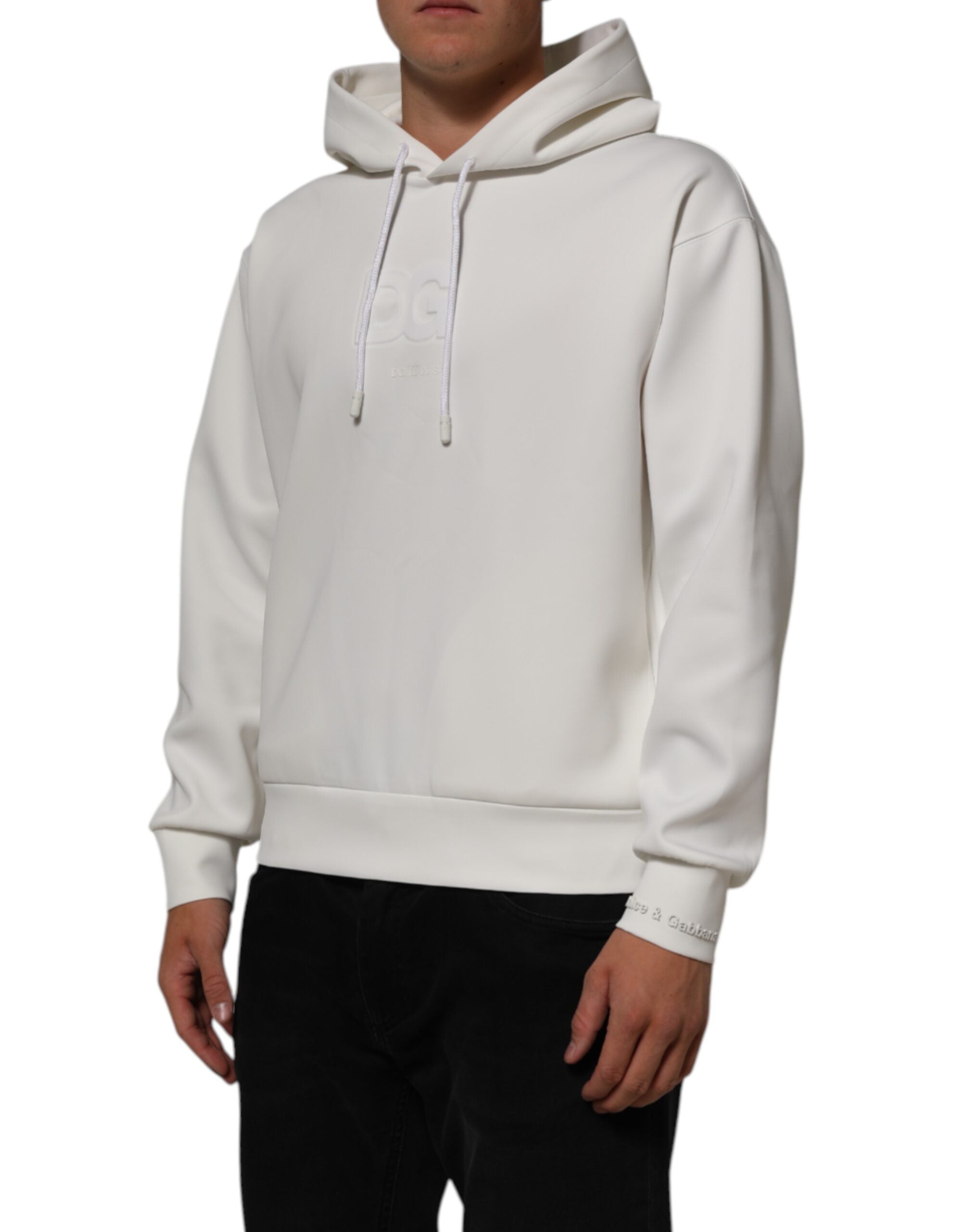 Sweat à capuche blanc pour homme Dolce & Gabbana avec logo, en coton, style décontracté, visible sur l'image.