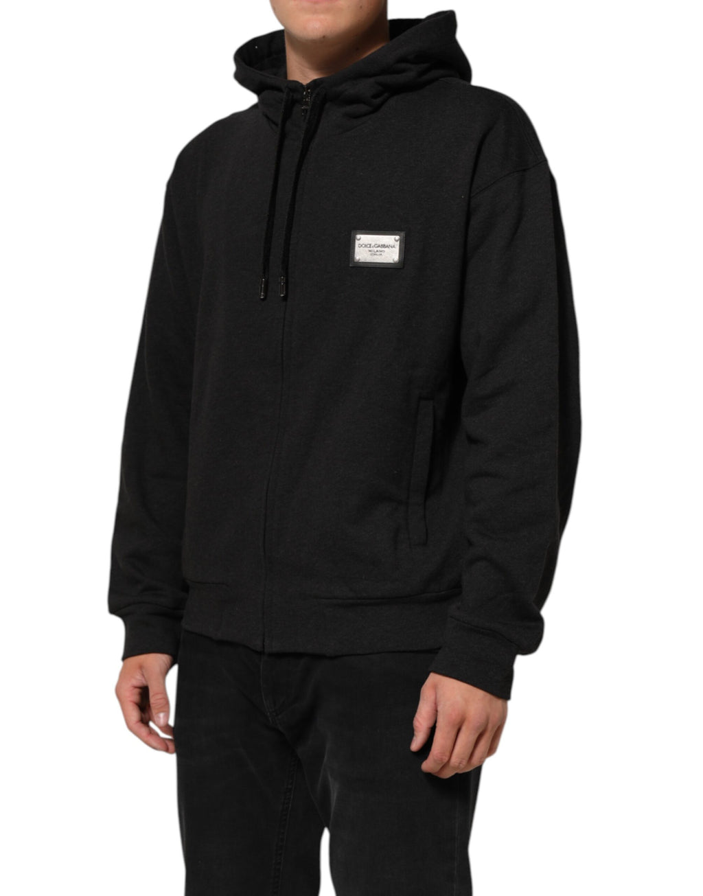 Sweat à capuche noir Dolce & Gabbana avec logo complet, zip devant, tissu doux et style décontracté.