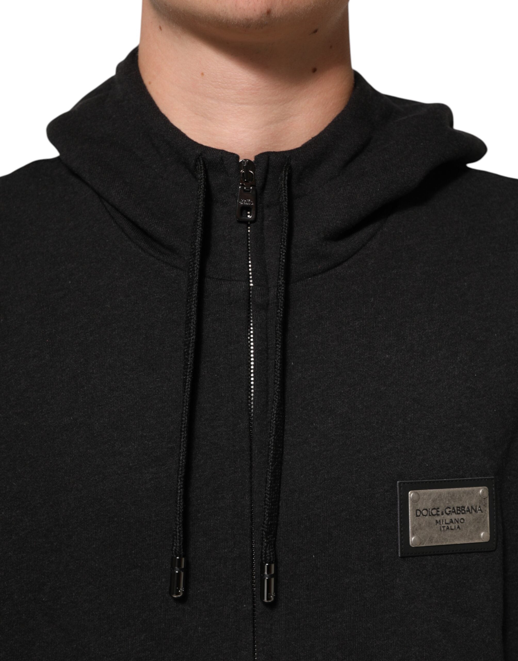 Sweat à capuche Dolce & Gabbana noir avec logo, fermeture éclair complète, pull confortable en molleton.