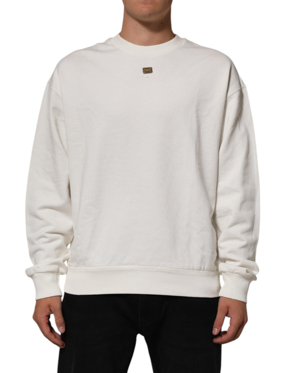 Sweatshirt blanc Dolce & Gabbana avec logo DG, col ras du cou, en coton, porté sur un mannequin.
