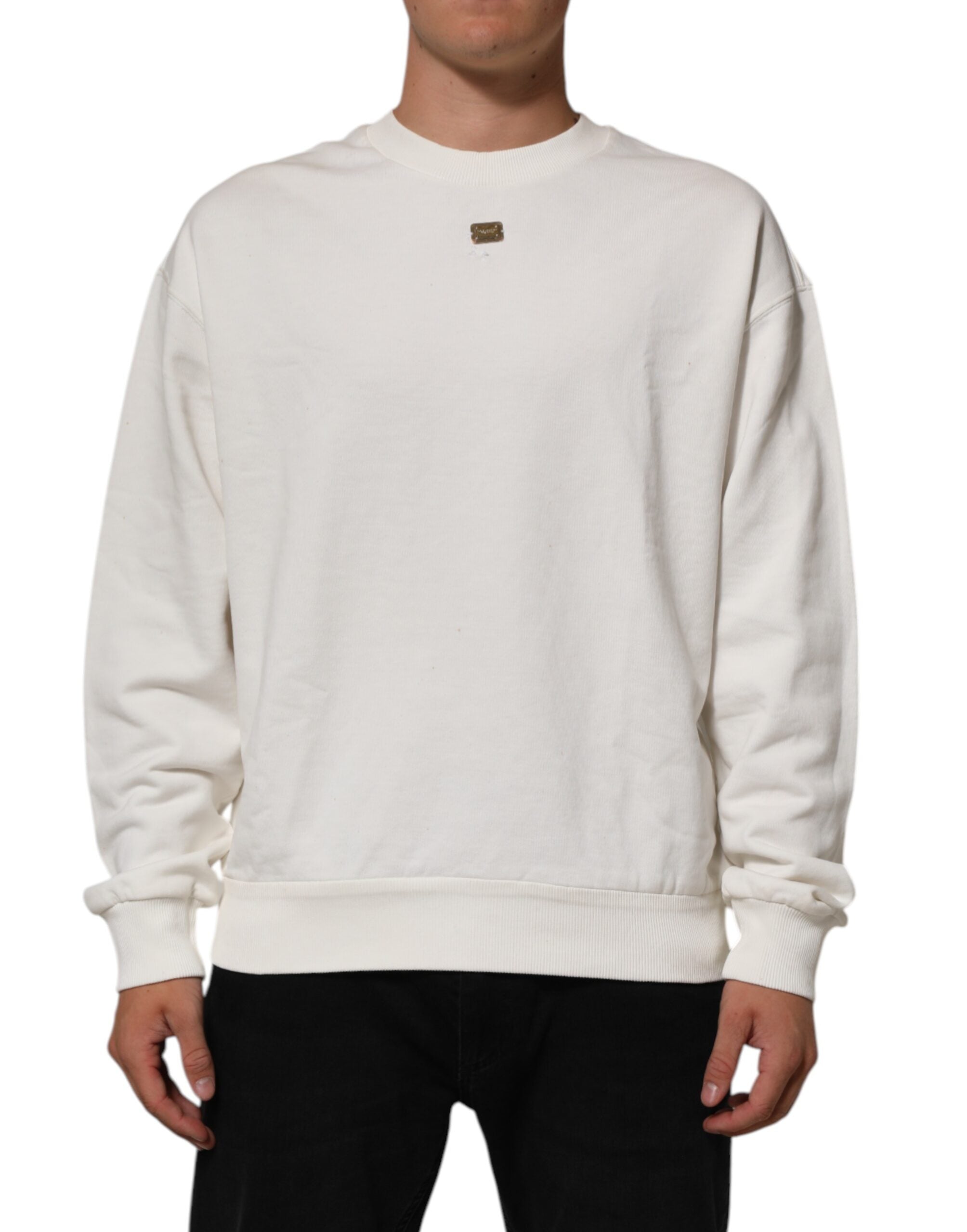 Sweat-shirt blanc Dolce & Gabbana avec logo DG, col rond, en coton, porté sur mannequin.