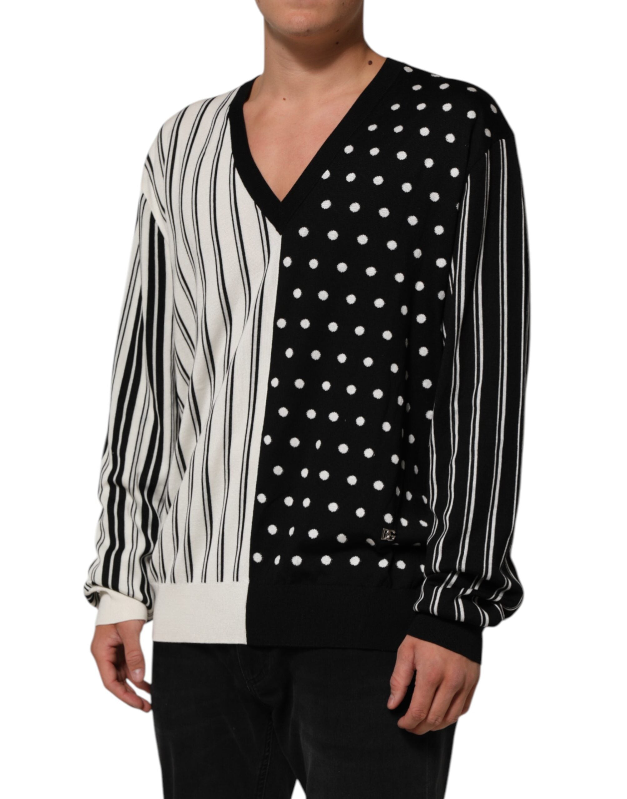 Pull à rayures noires et blanches avec pois et col en V de Dolce & Gabbana, pull-over élégant pour femmes.