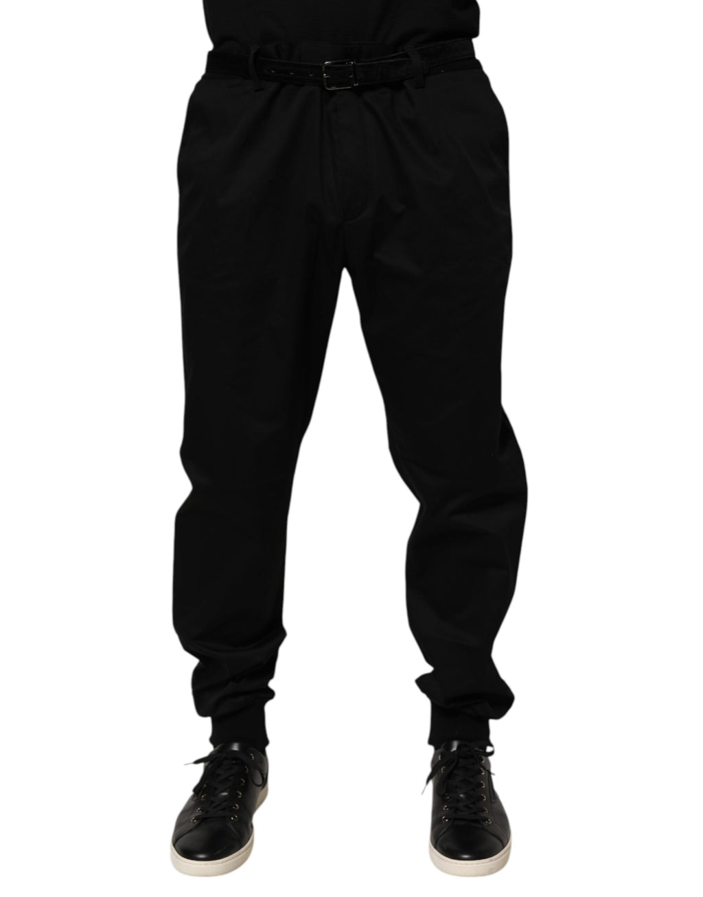 Pantalon décontracté en coton stretch noir de Dolce & Gabbana, style casual, visible en détail sur l'image.